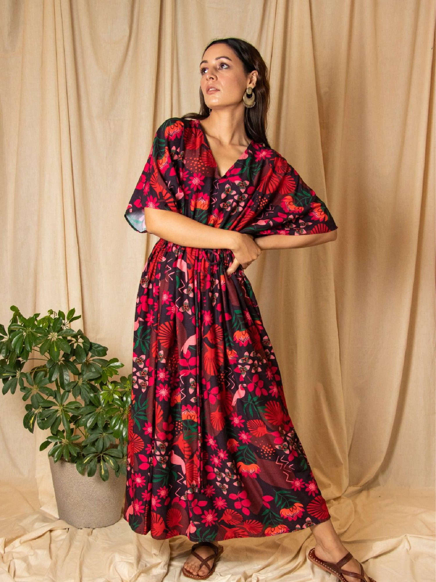 Pink Floral Kaftan Cotton Dress