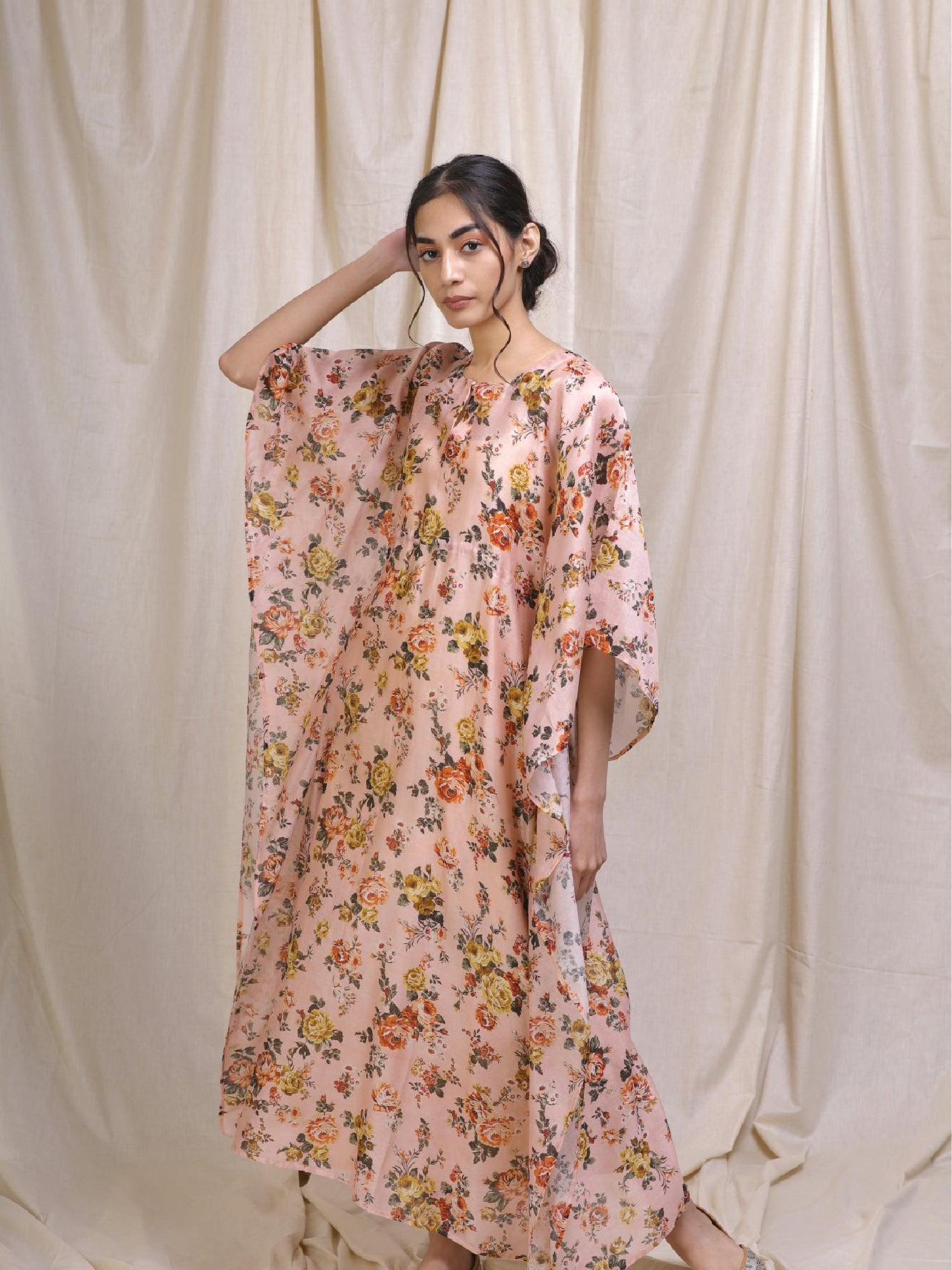 Blush Peach Floral Chanderi Kaftan