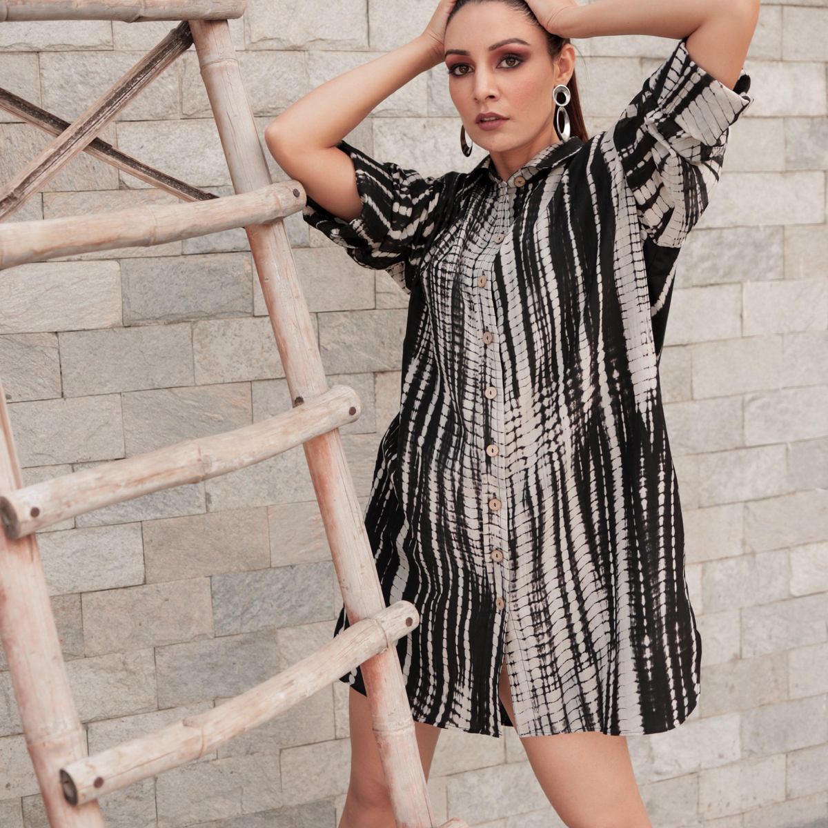 Buy Black Tie-Dye Oversized Shirt Dress at ShopKapaas