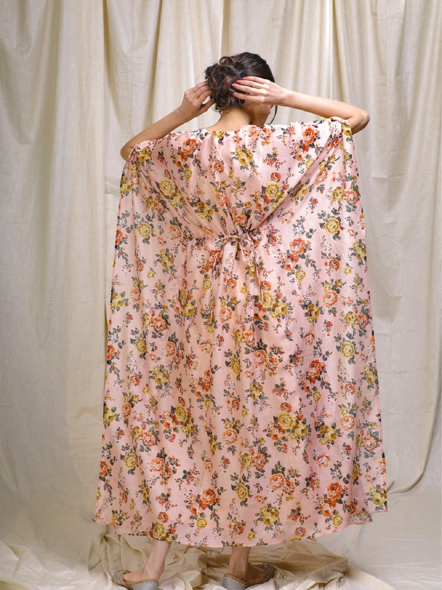 Blush Peach Floral Chanderi Kaftan