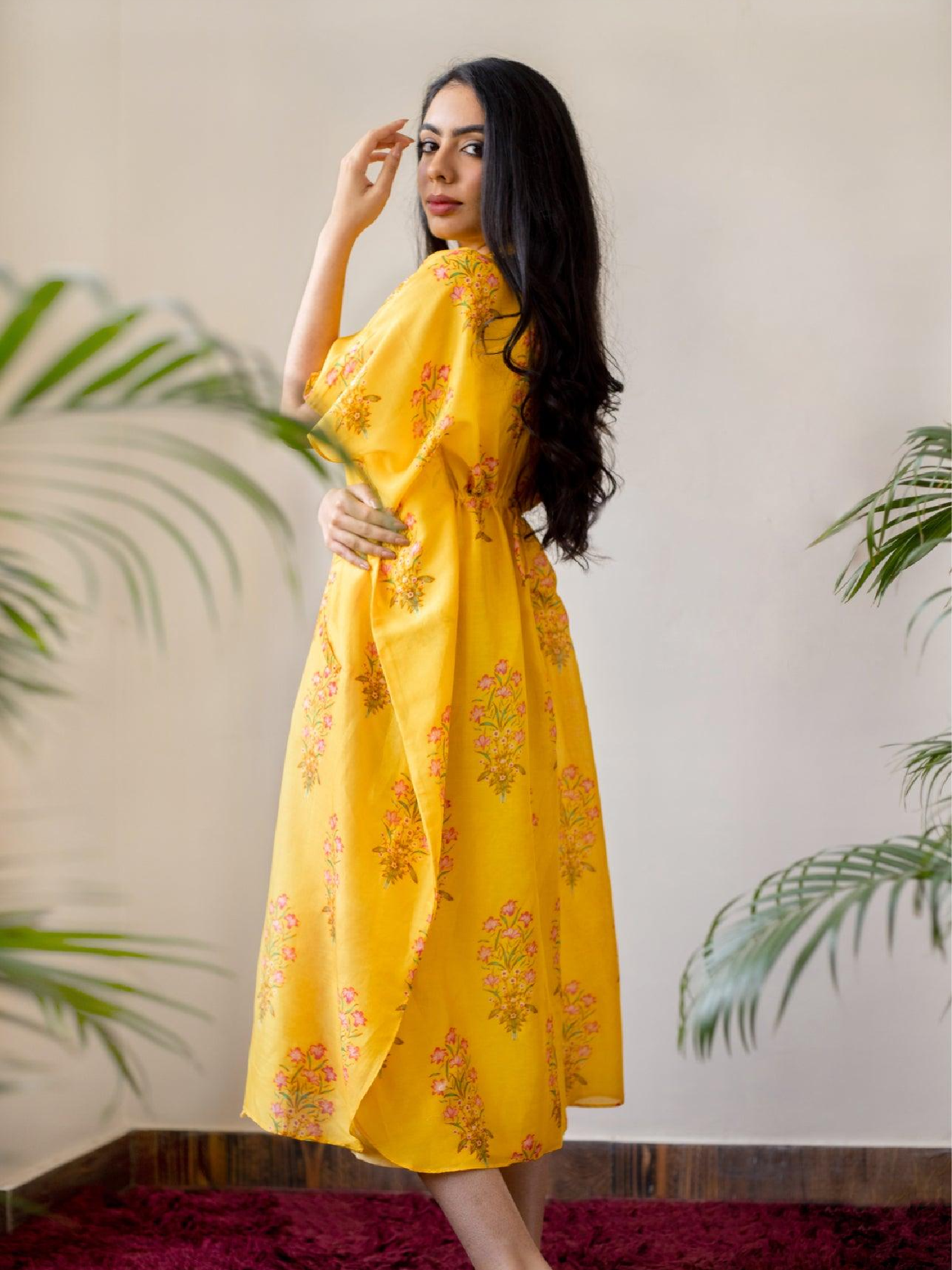 Yellow Floral Block Print Chanderi Button Kaftan