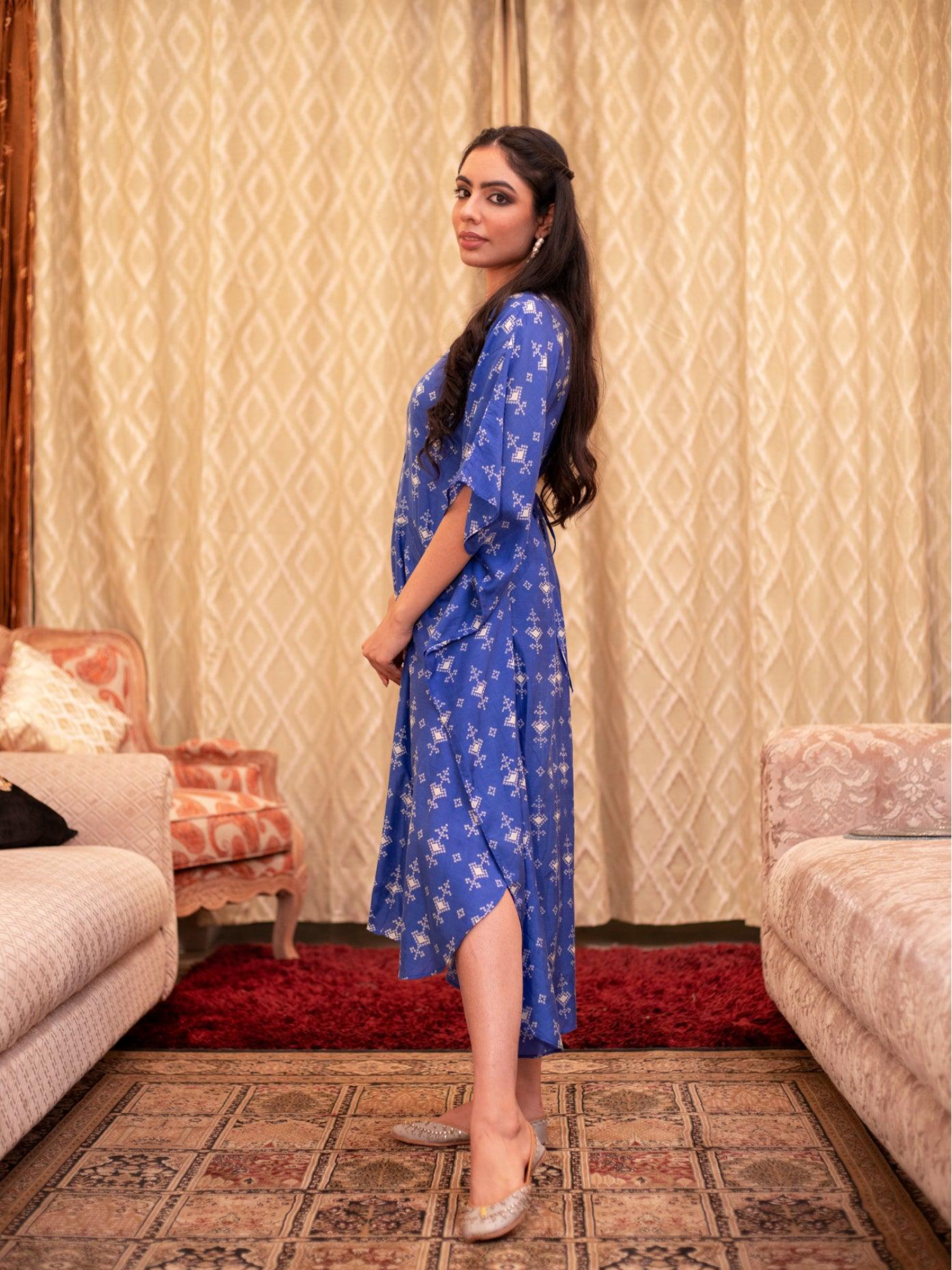 Royal Blue Cotton Silk Button Kaftan Dress