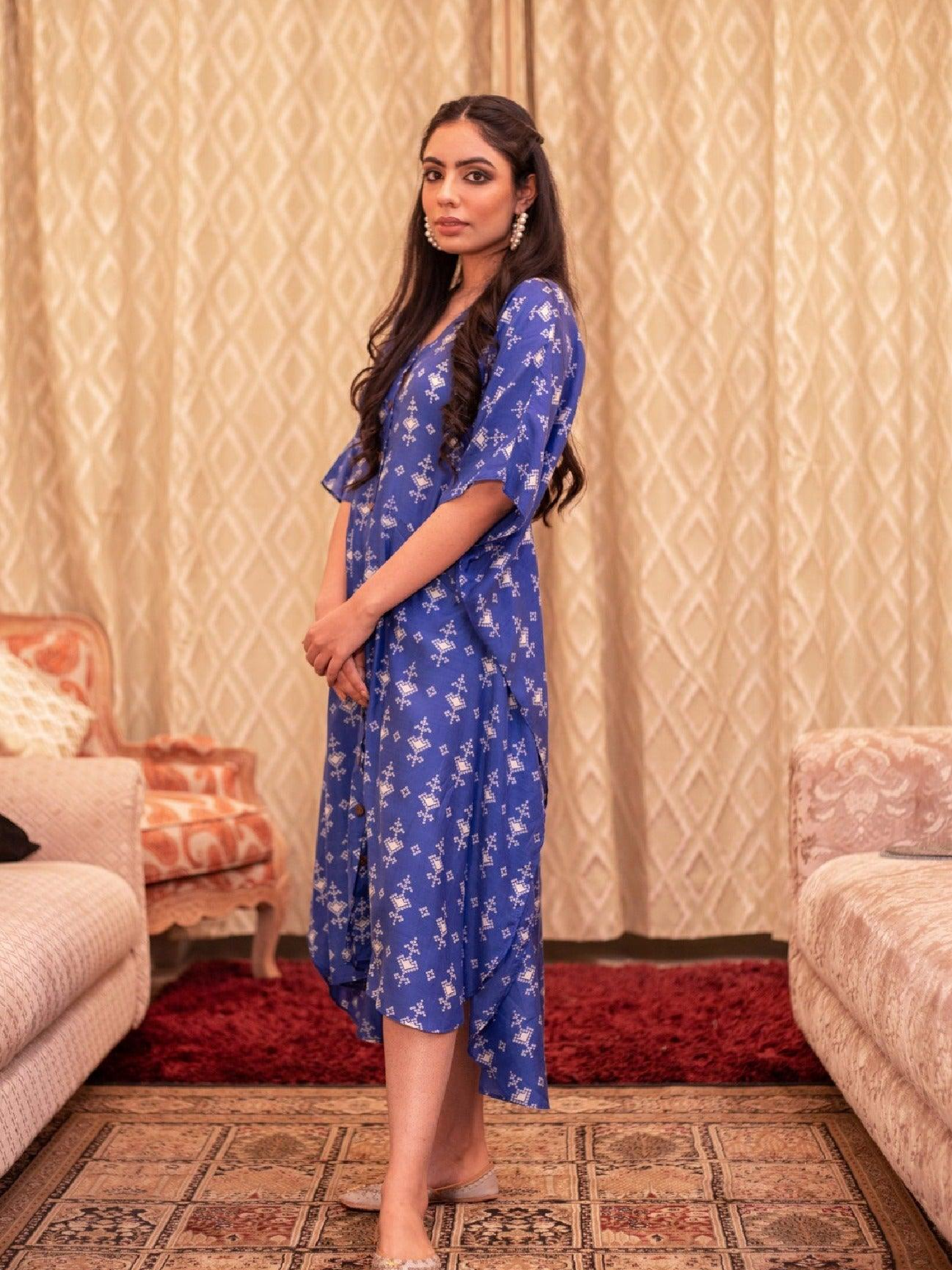 Royal Blue Cotton Silk Button Kaftan Dress