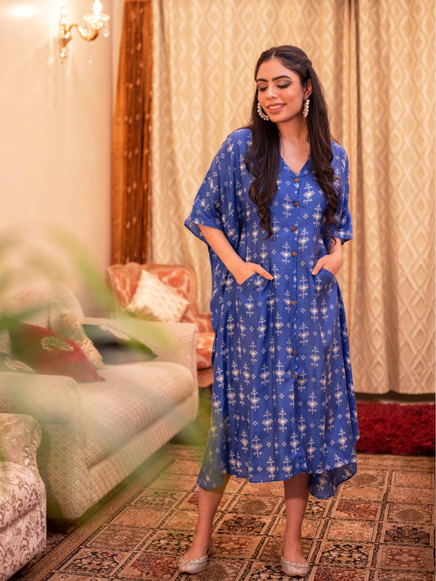 Royal Blue Cotton Silk Button Kaftan Dress