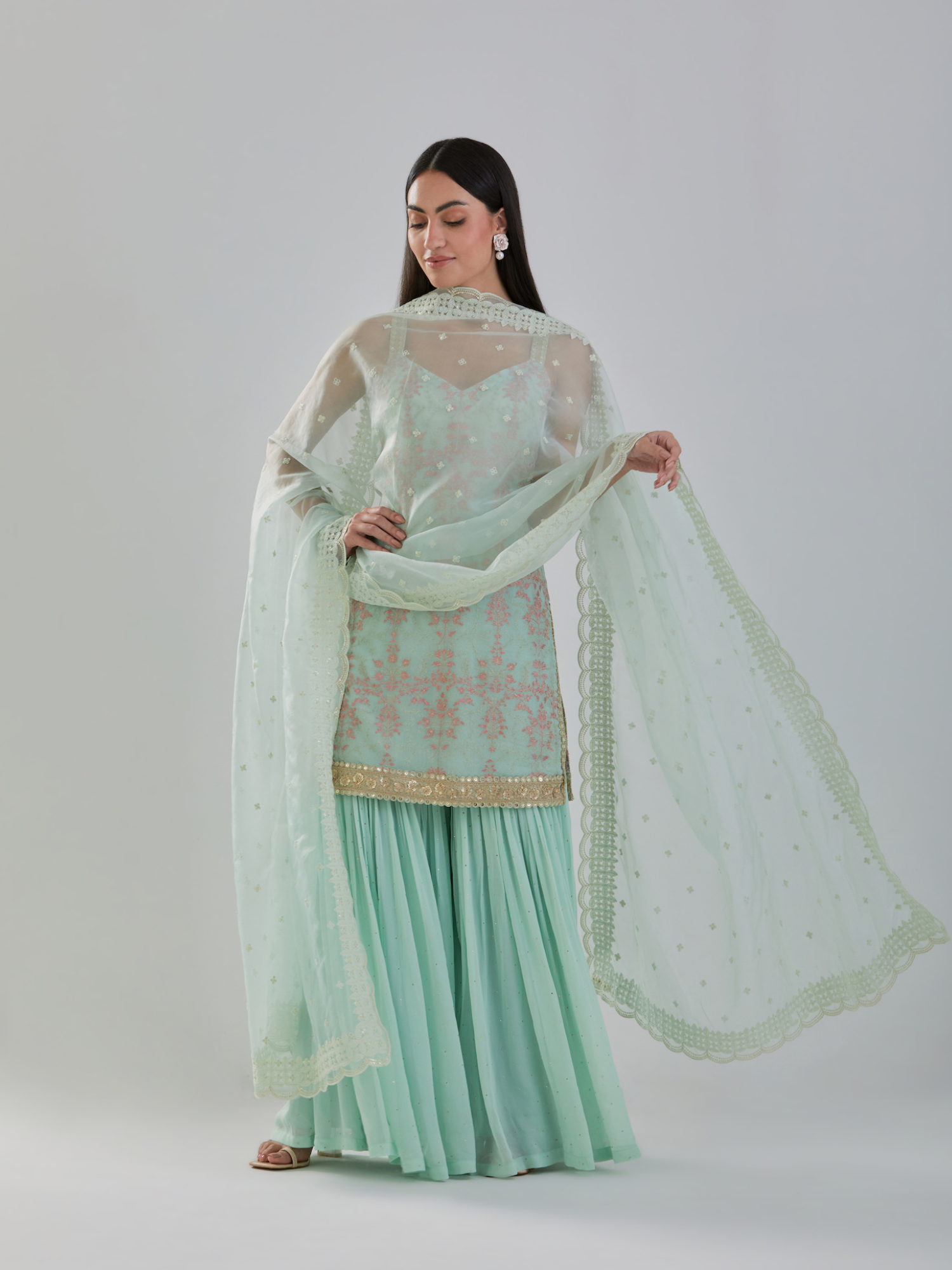 Mint Green Embroidered  Sharara Set with Organza Dupatta