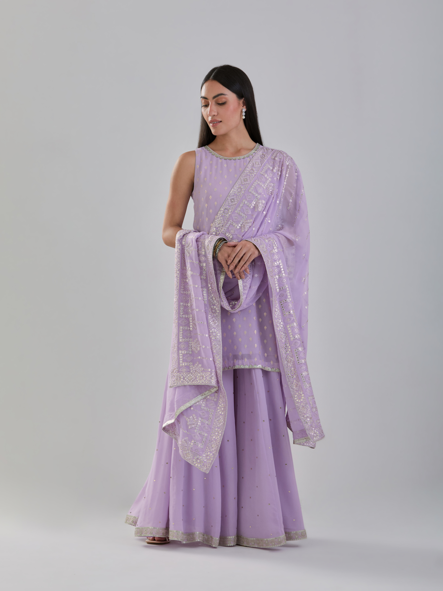 Lilac Georgette Sharara Set With Mirror Work Dupatta