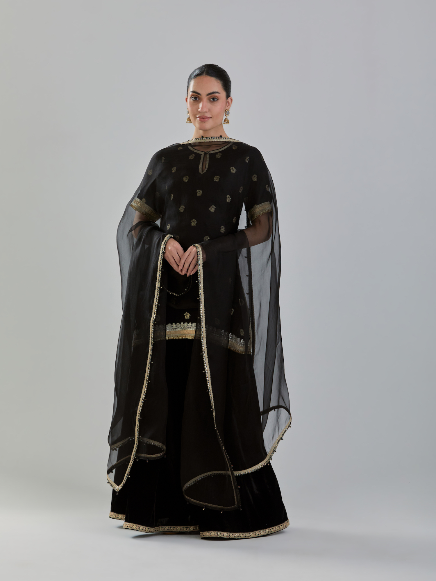 Black Embroidered Chanderi Kurta with Velvet Sharara and Organza Dupatta