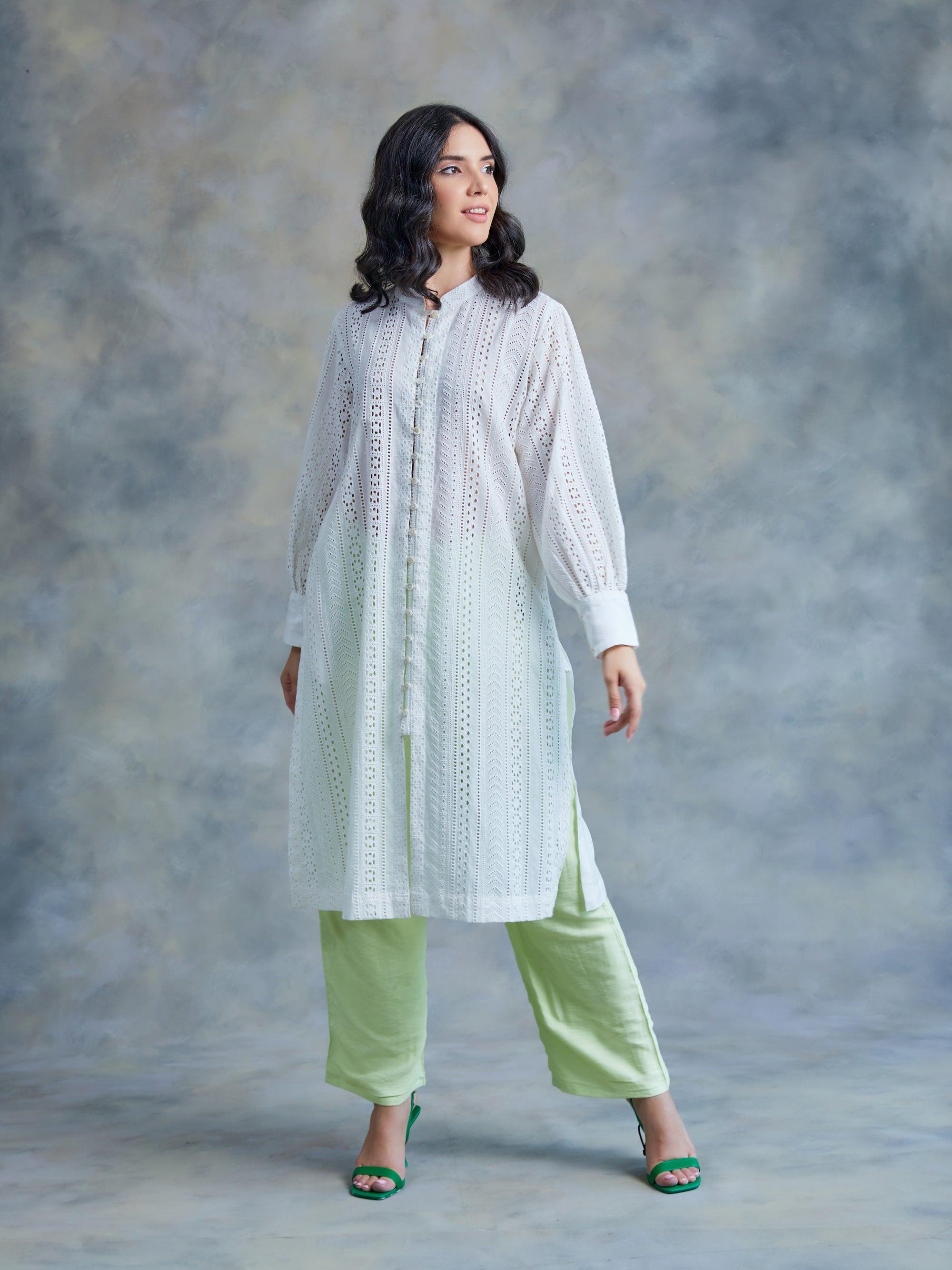 Pearl White Cut Work Schiffli Kurta - Kapaas