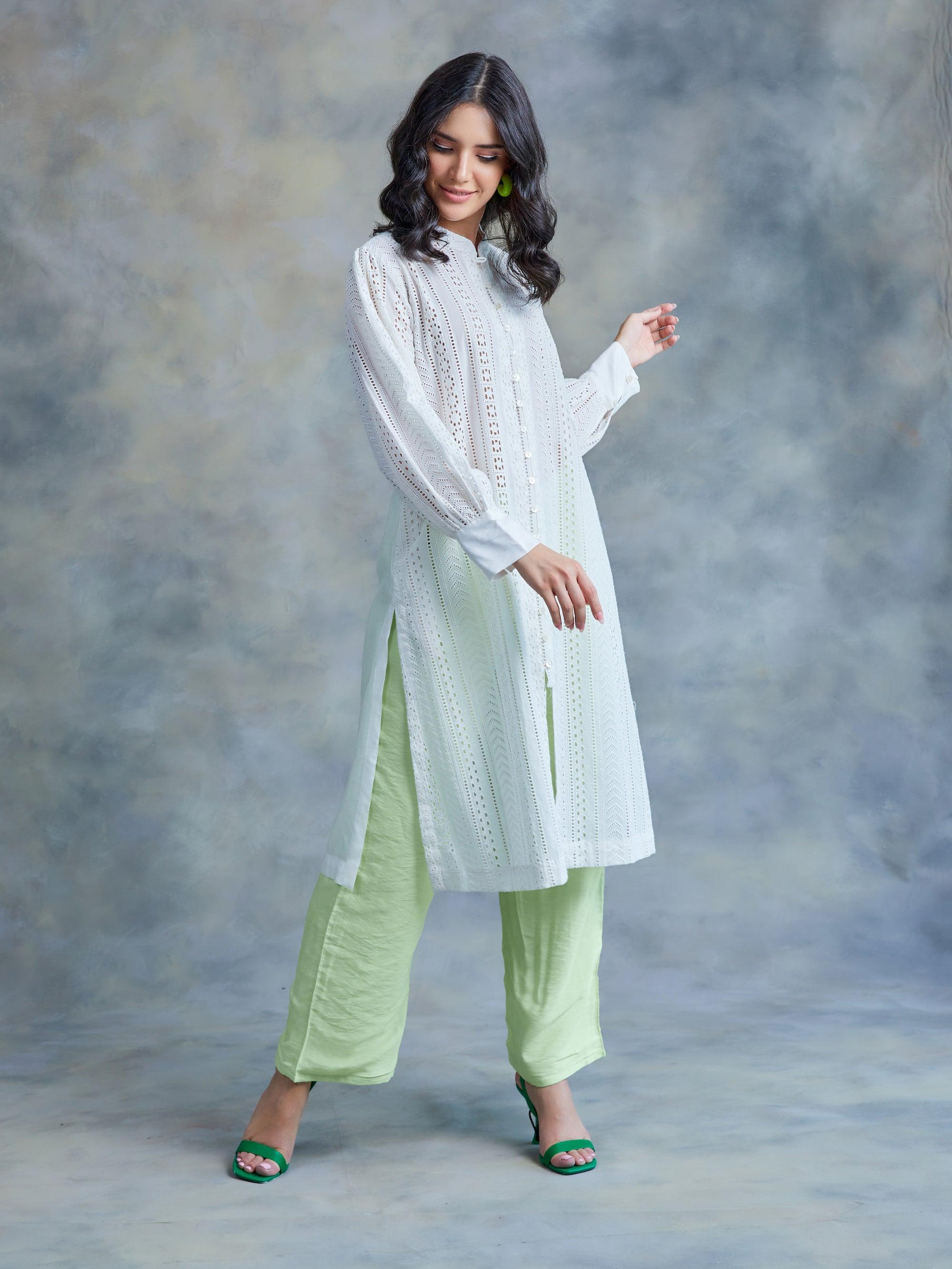 Pearl White Cut Work Schiffli Kurta - Kapaas