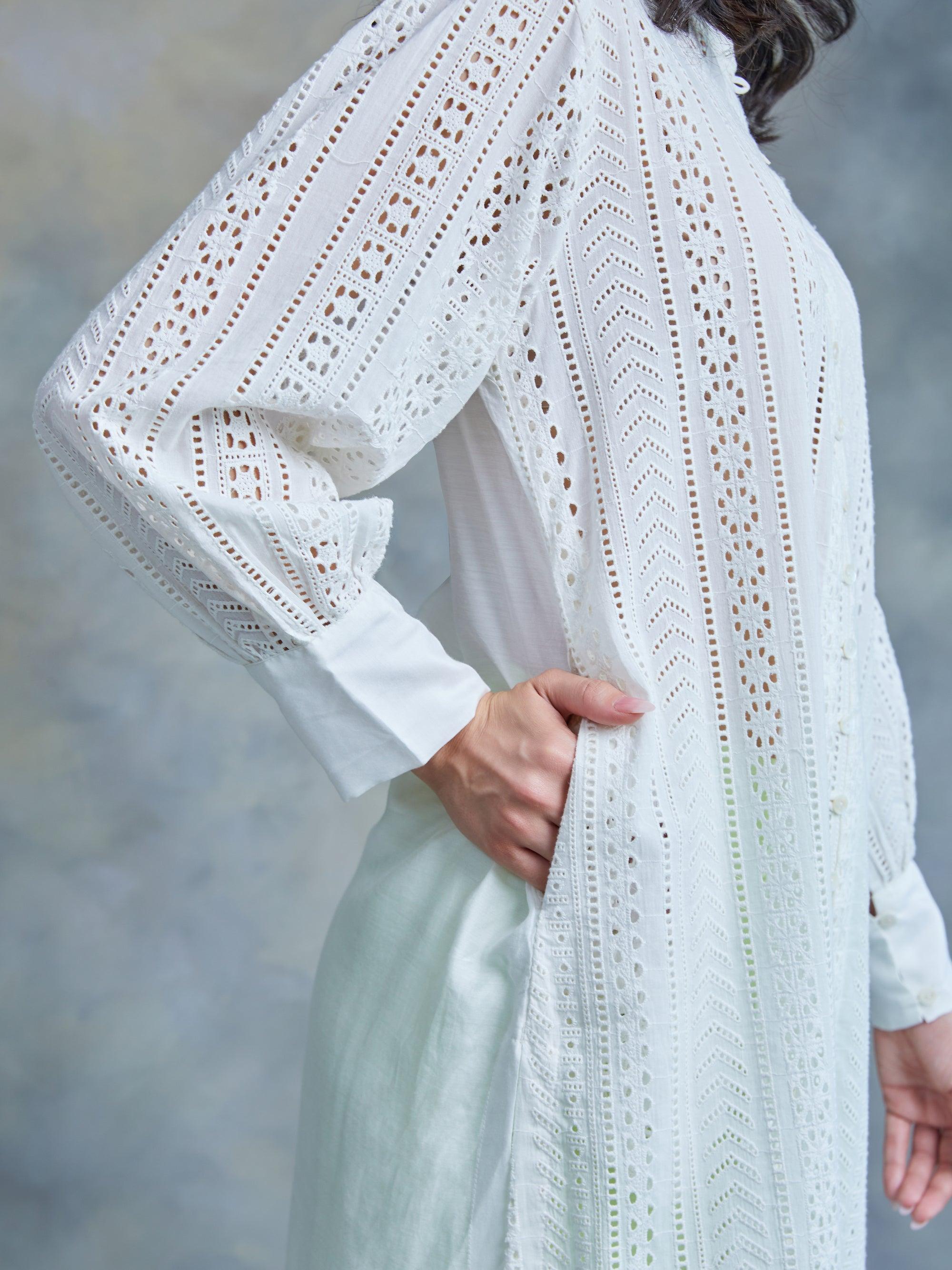 Pearl White Cut Work Schiffli Kurta - Kapaas