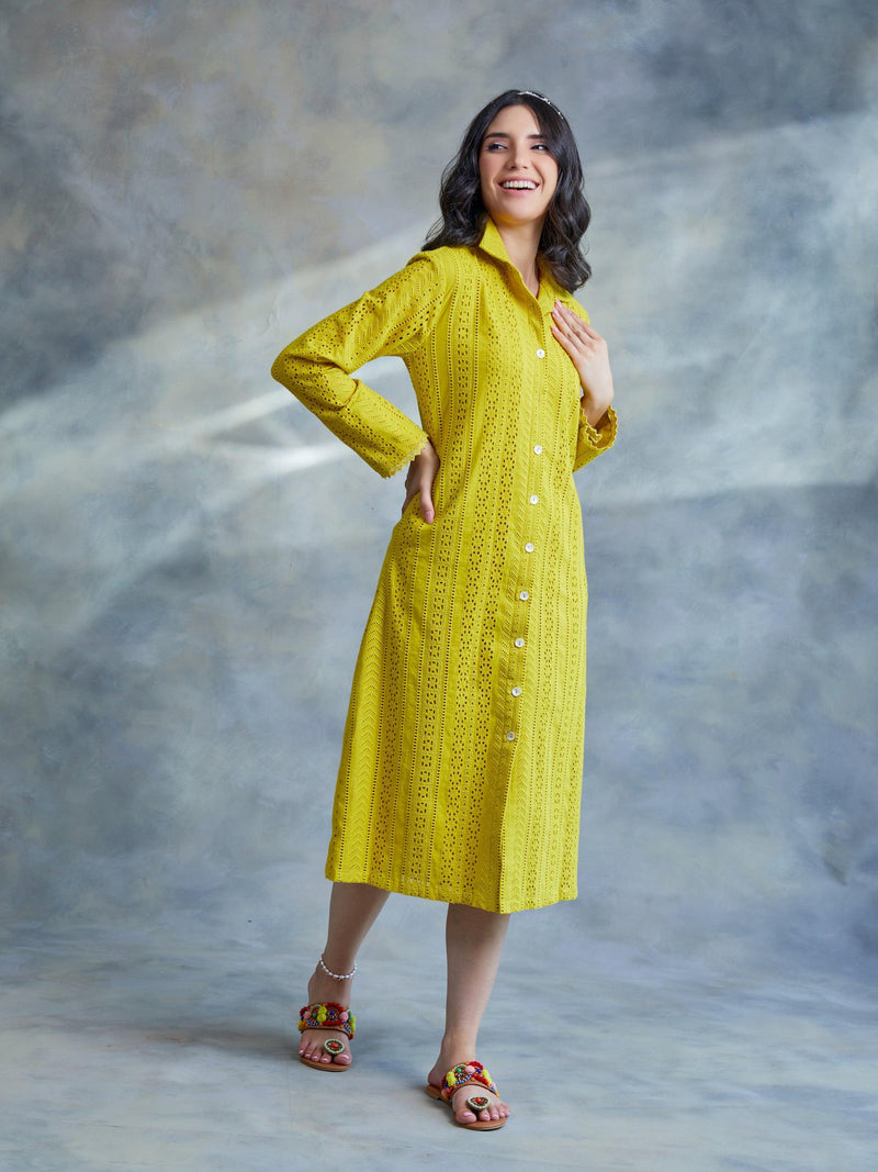Lime Yellow Cut Work Midi Shirt Dress - Kapaas