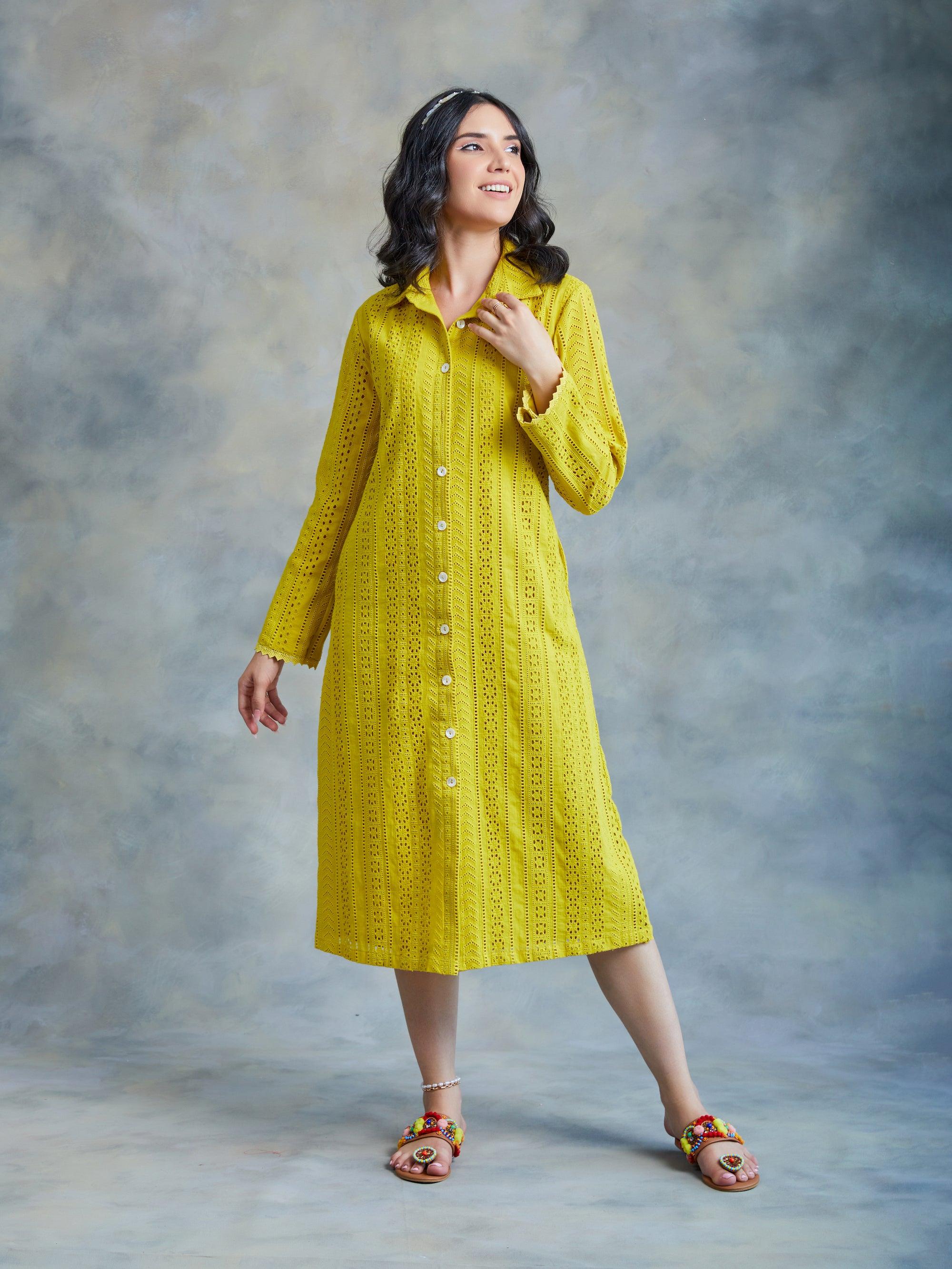 Lime Yellow Cut Work Midi Shirt Dress - Kapaas