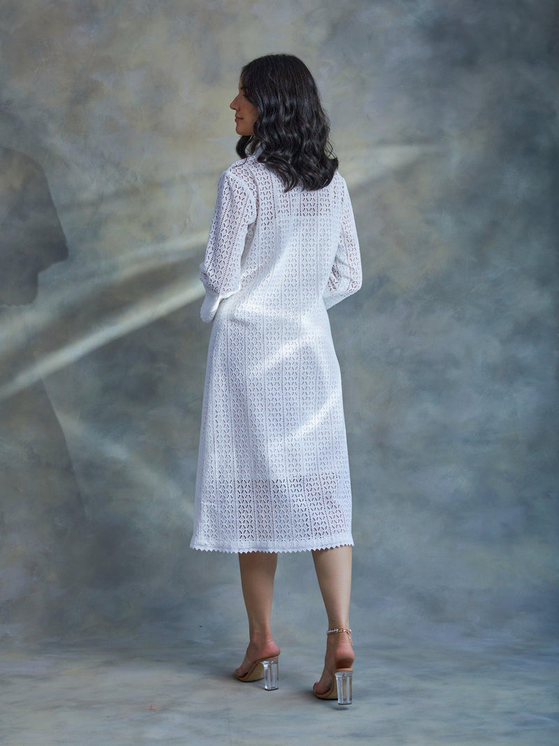 White Cut Work Midi Shirt Dress for Women Back View
