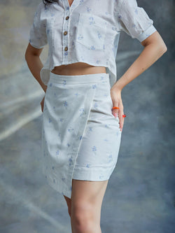 Ditsy Blue Printed Linen Skirt - Kapaas