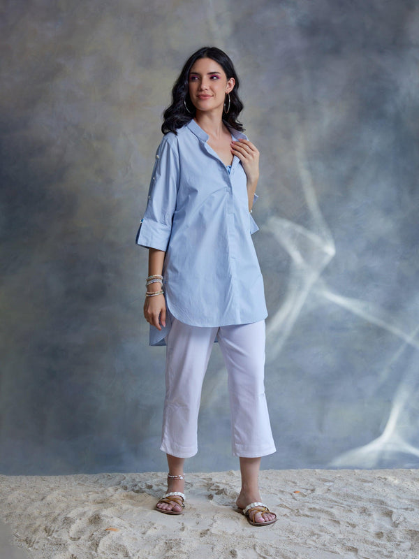 Pastel Blue Poplin Shirt for women With Shell Beading