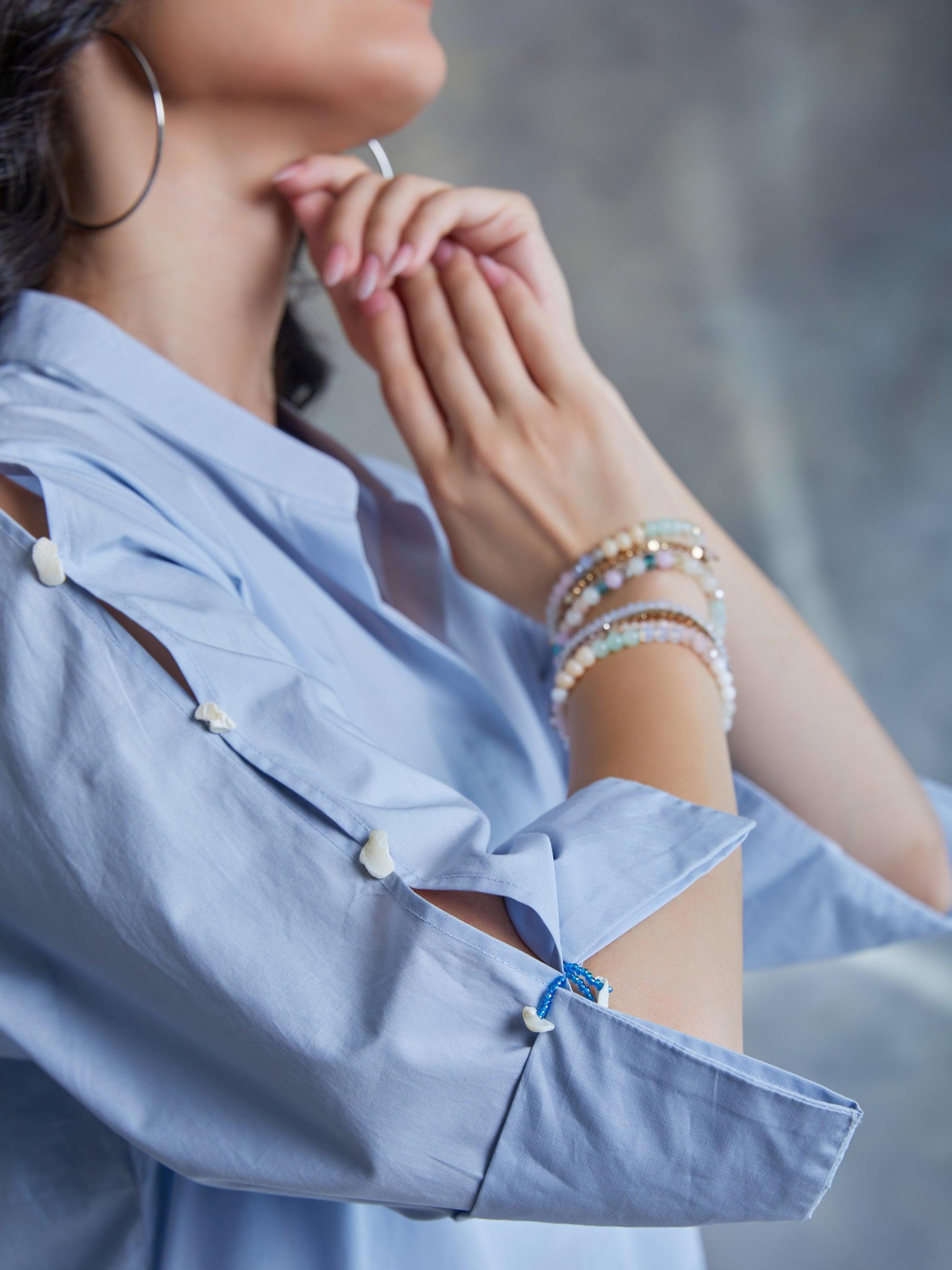 Pastel Blue Poplin Shirt With Shell Beading - Kapaas