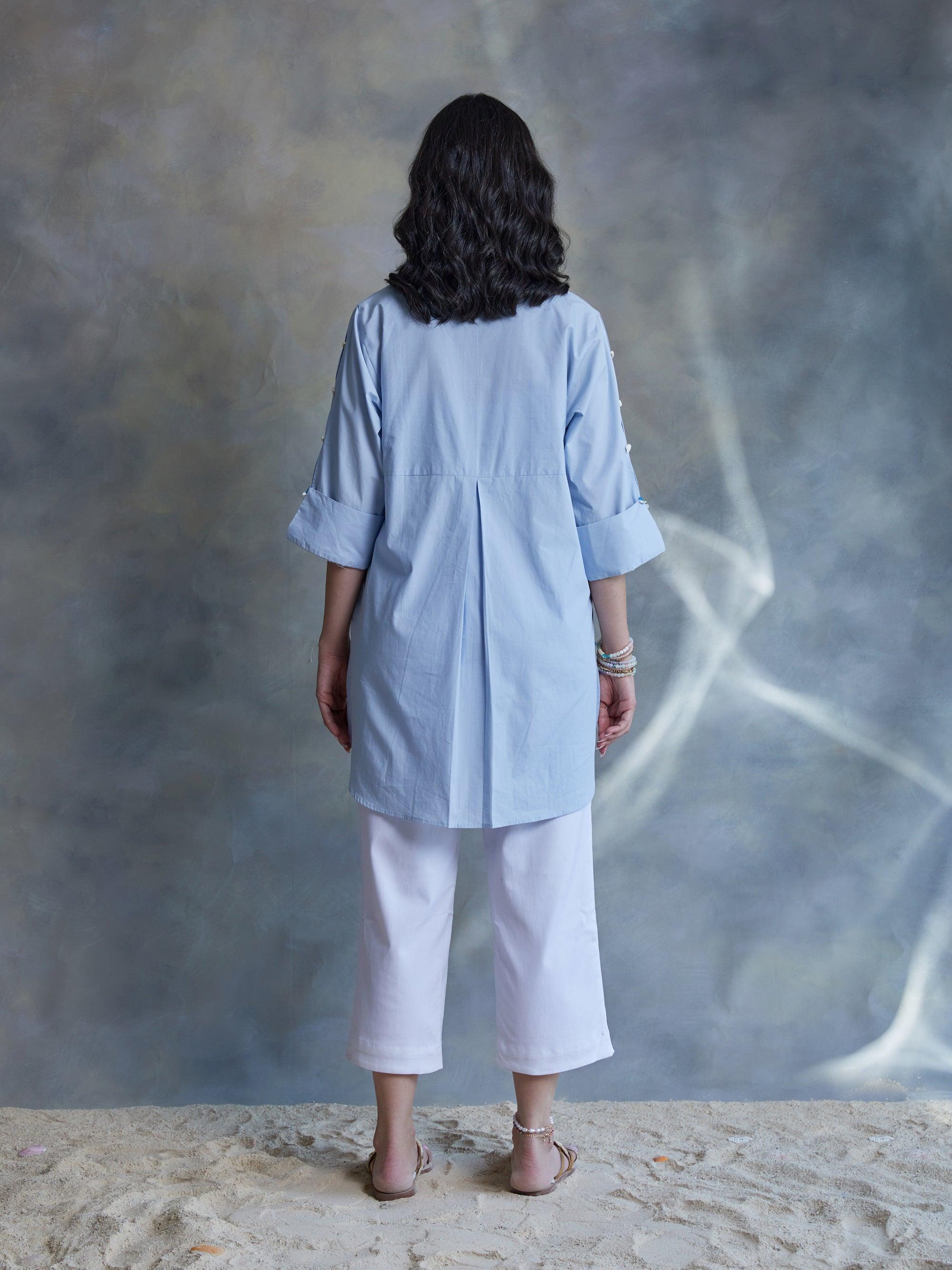 Pastel Blue Poplin Shirt With Shell Beading - Kapaas