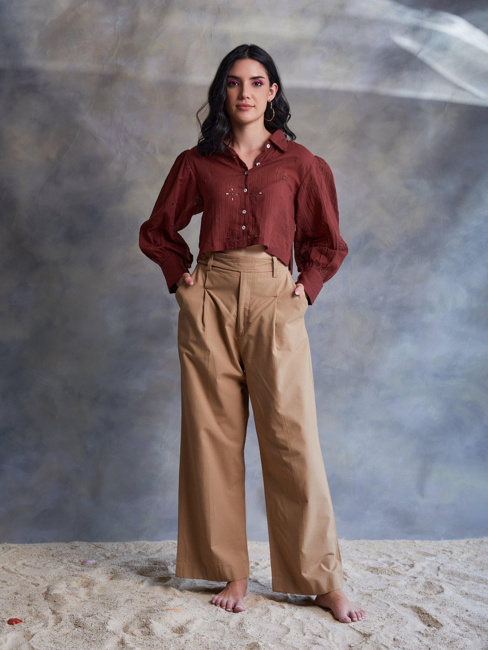 Brown Cut Work Crop Shirt - Kapaas