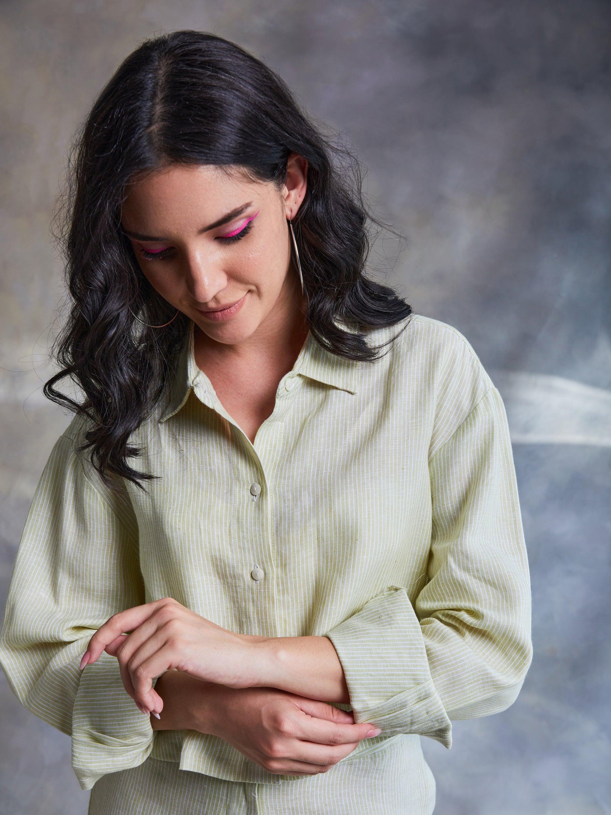 Lime Green Pinstripe Linen Crop Shirt - Kapaas