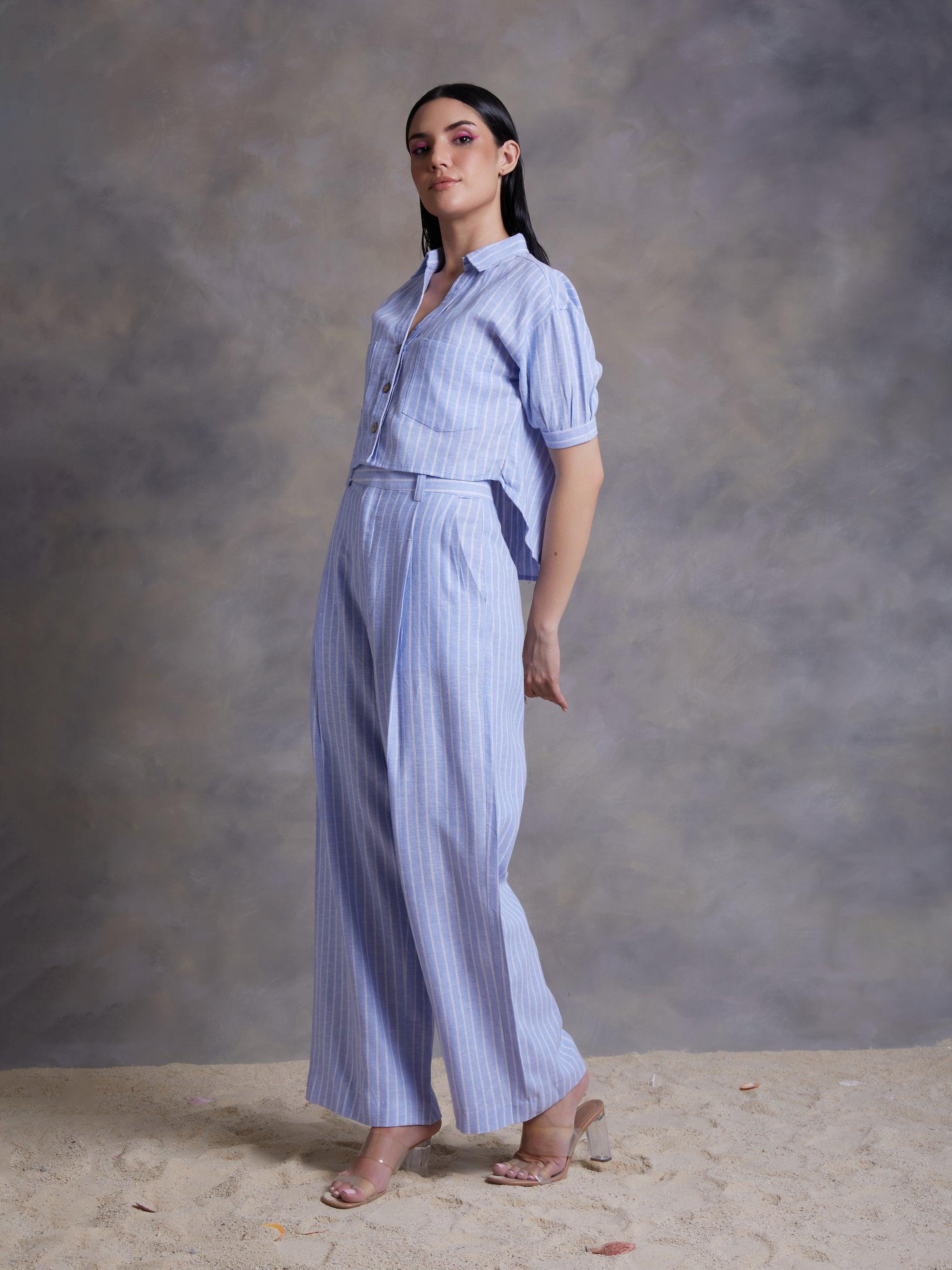 Sky Blue Pinstripe Linen Crop Top - Kapaas