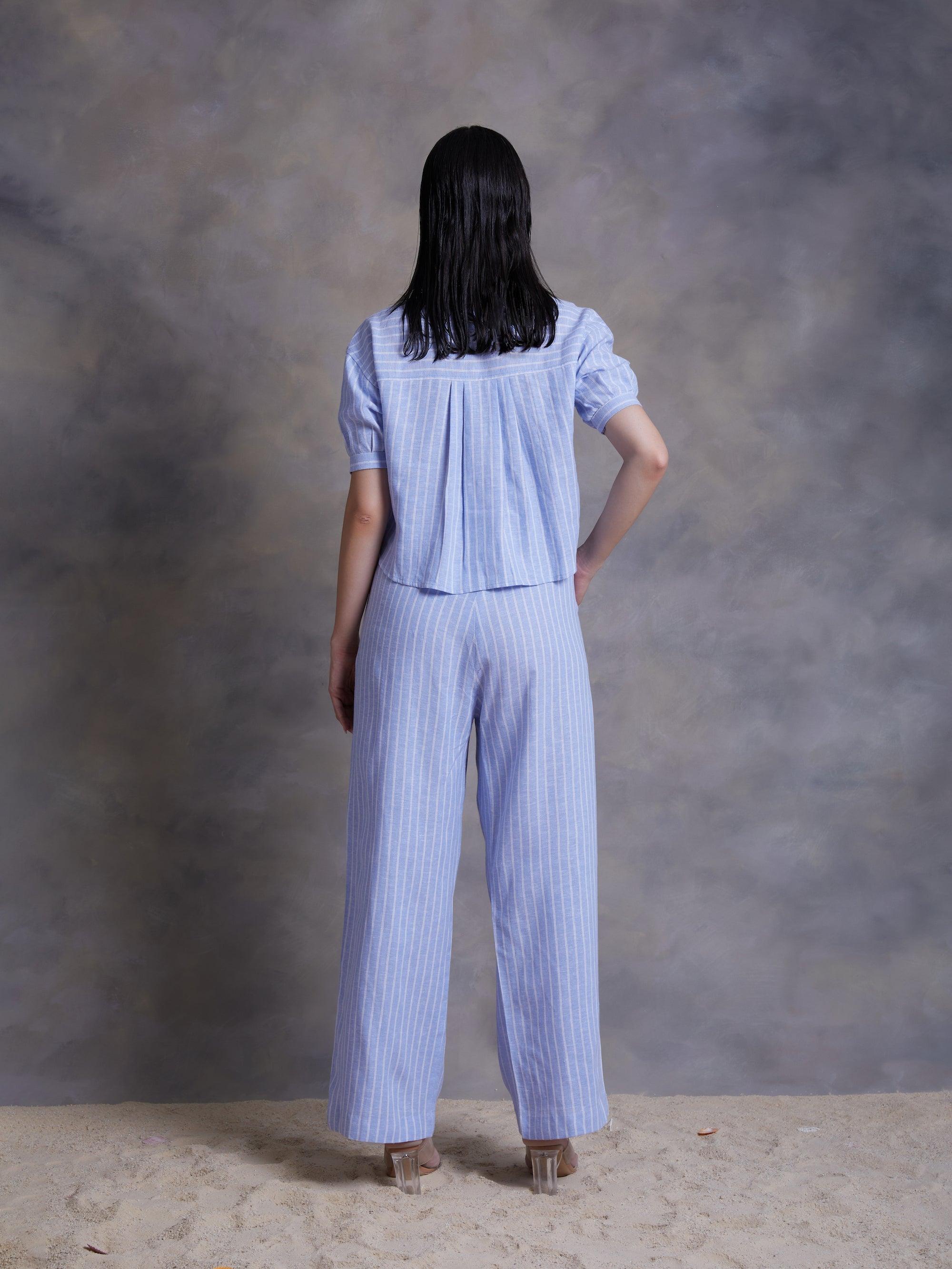 Sky Blue Pinstripe Linen Crop Top - Kapaas