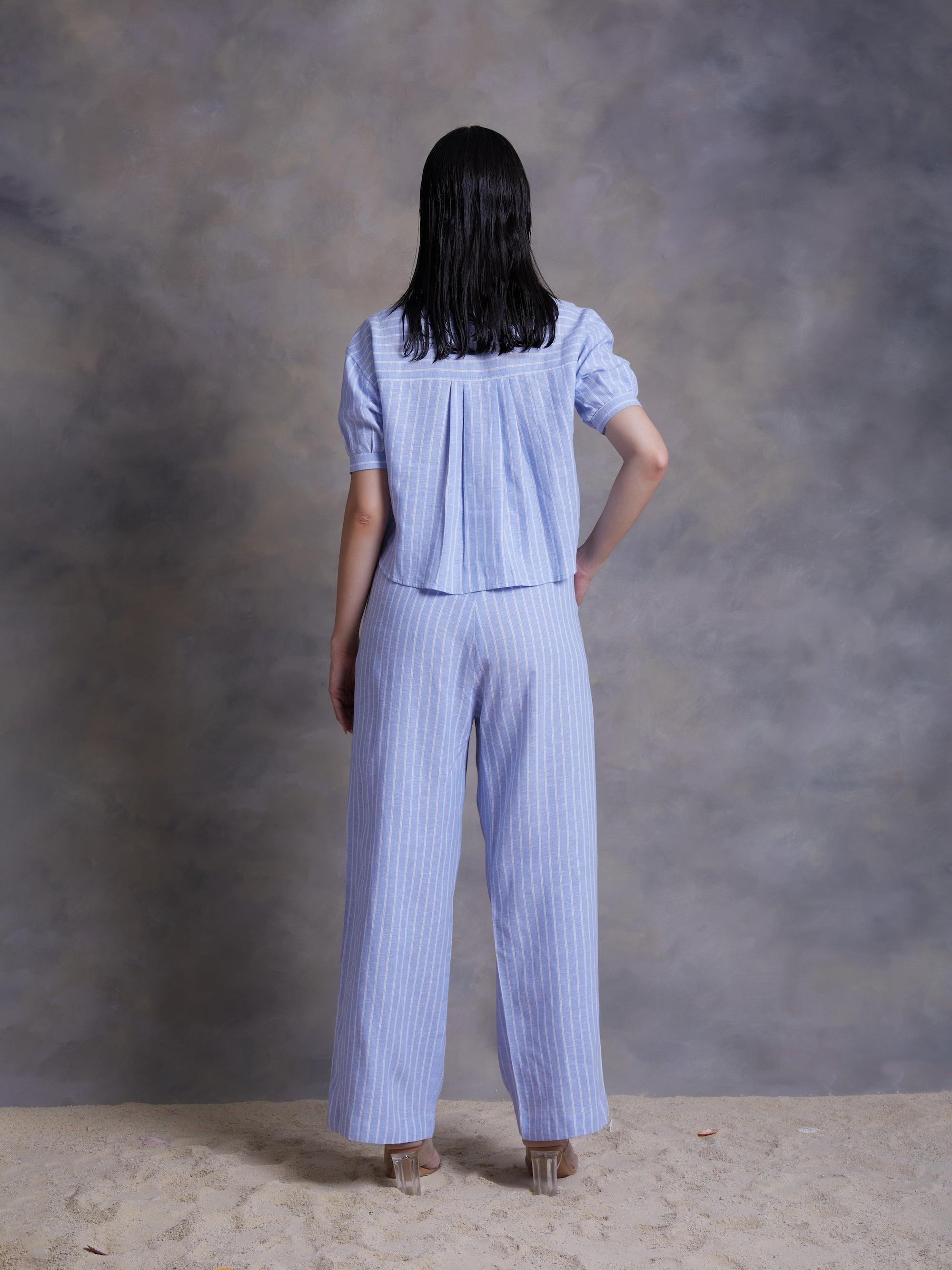 Sky Blue Pinstripe Linen Wide Leg Pants - Kapaas