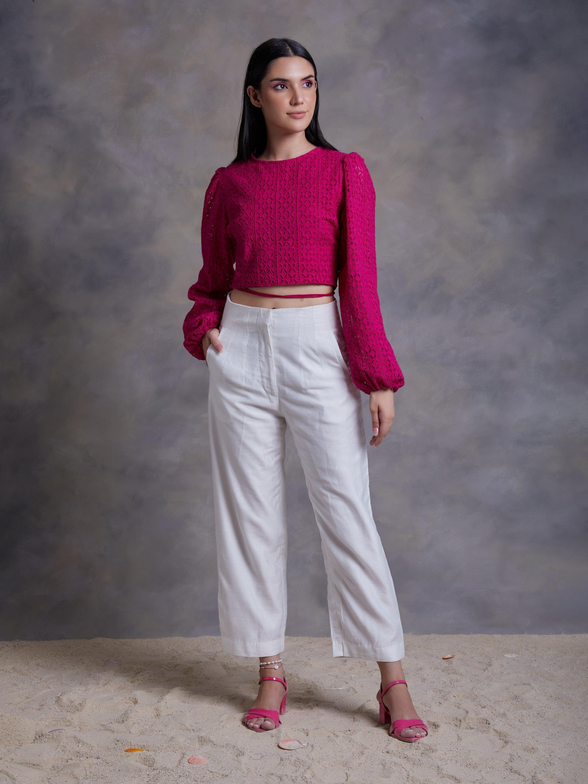 Fuchsia Cut Work Schiffli Crop top - Kapaas