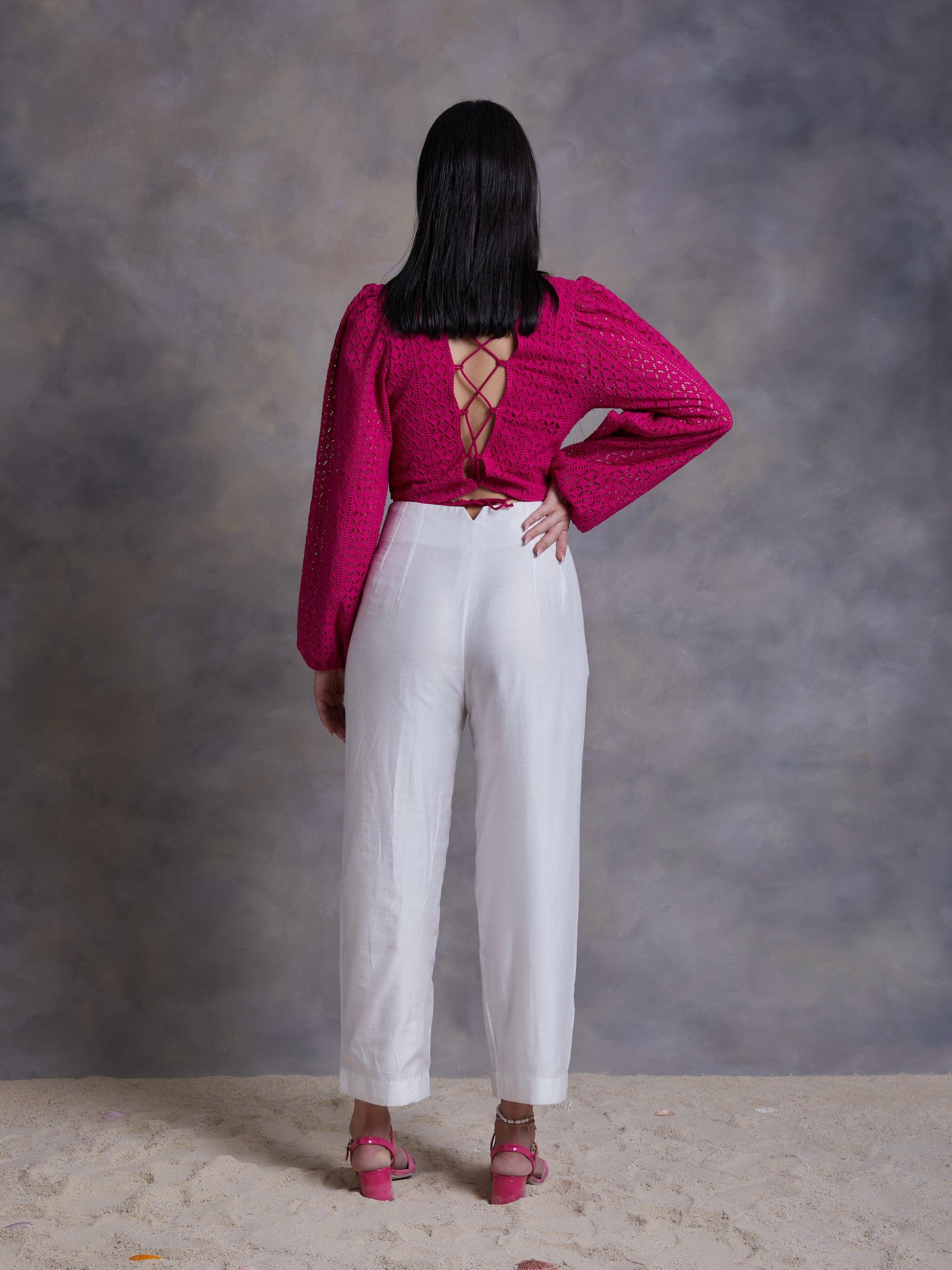 Fuchsia Cut Work Schiffli Crop top - Kapaas