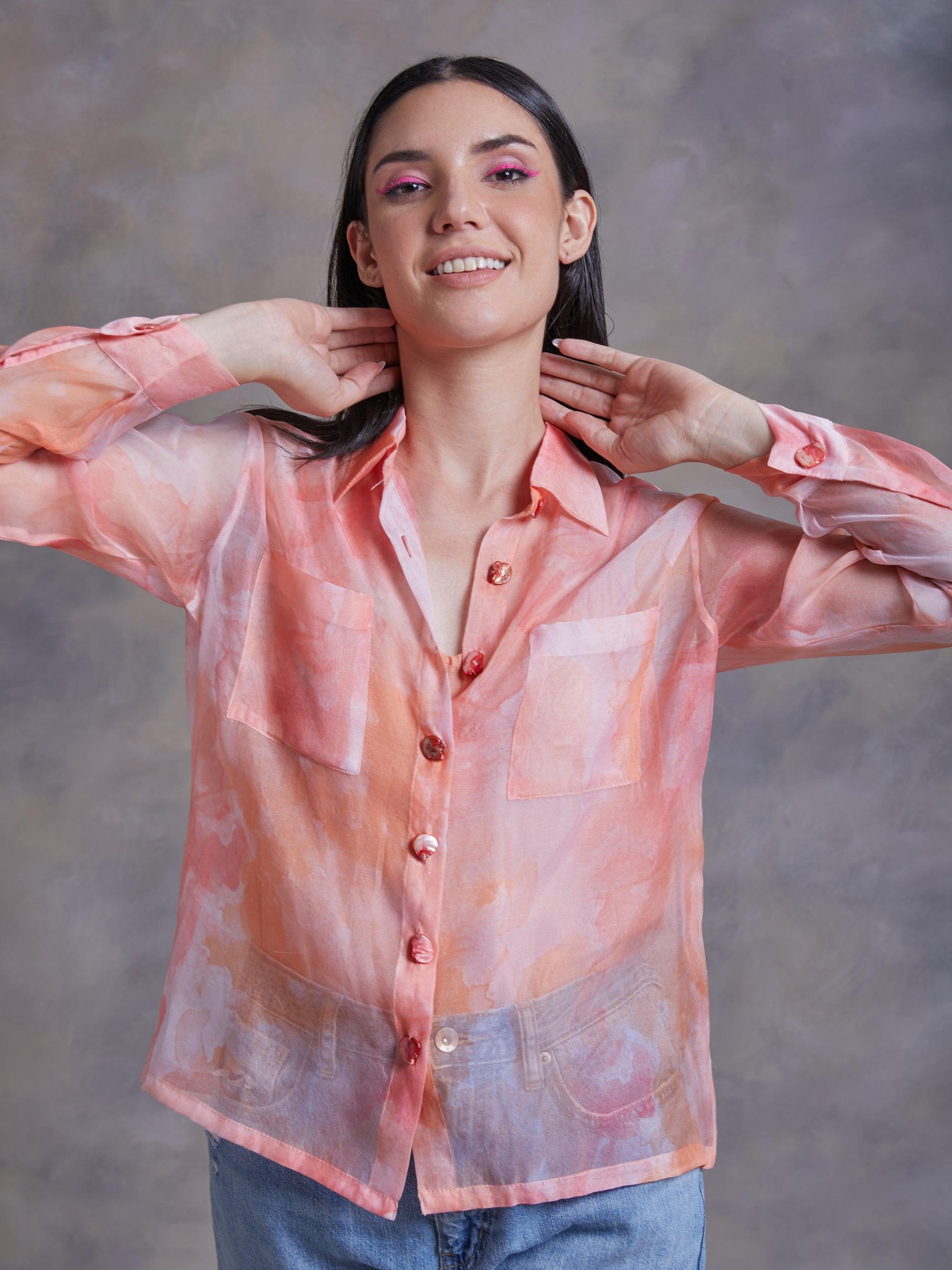 Peach Abstract Texture Print Organza Shirt - Kapaas