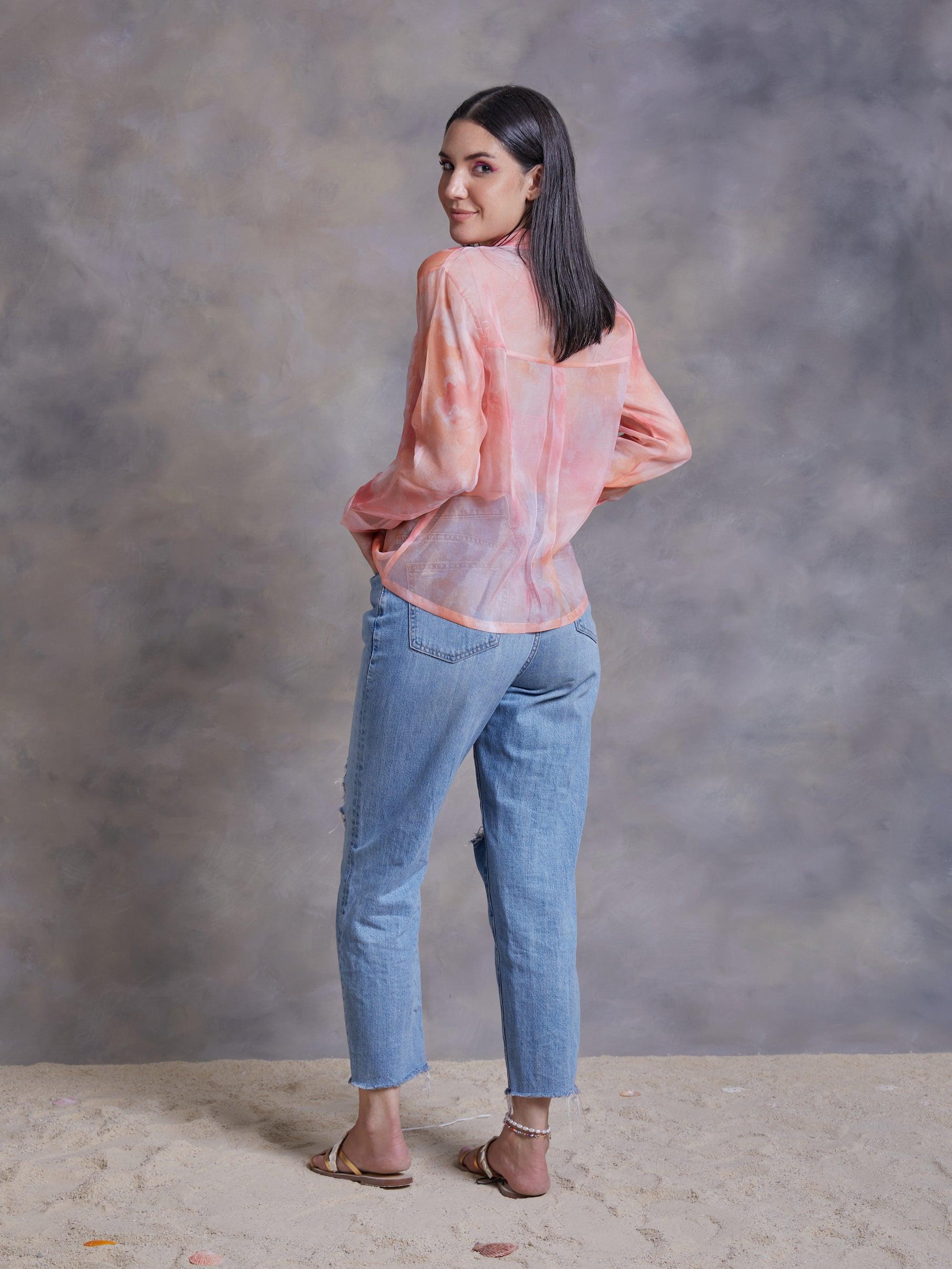 Peach Abstract Texture Print Organza Shirt - Kapaas