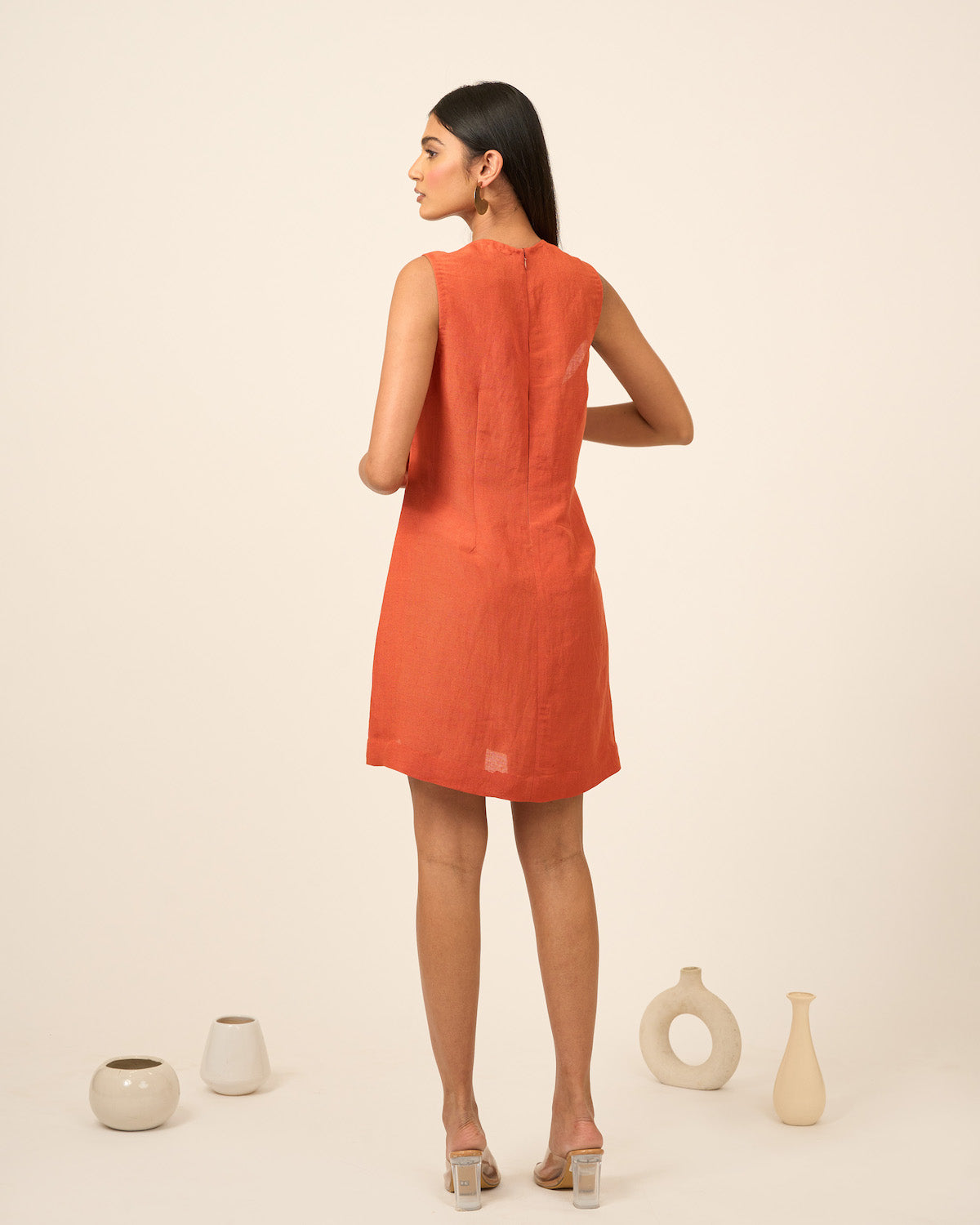 Rust V Neck Linen Dress