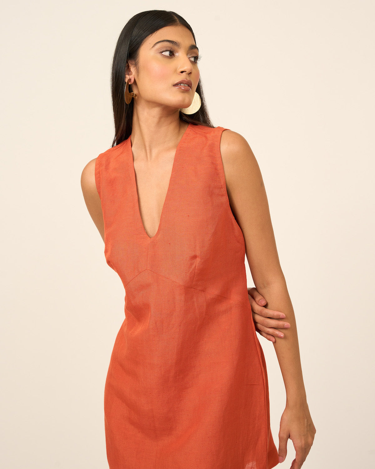 Rust V Neck Linen Dress