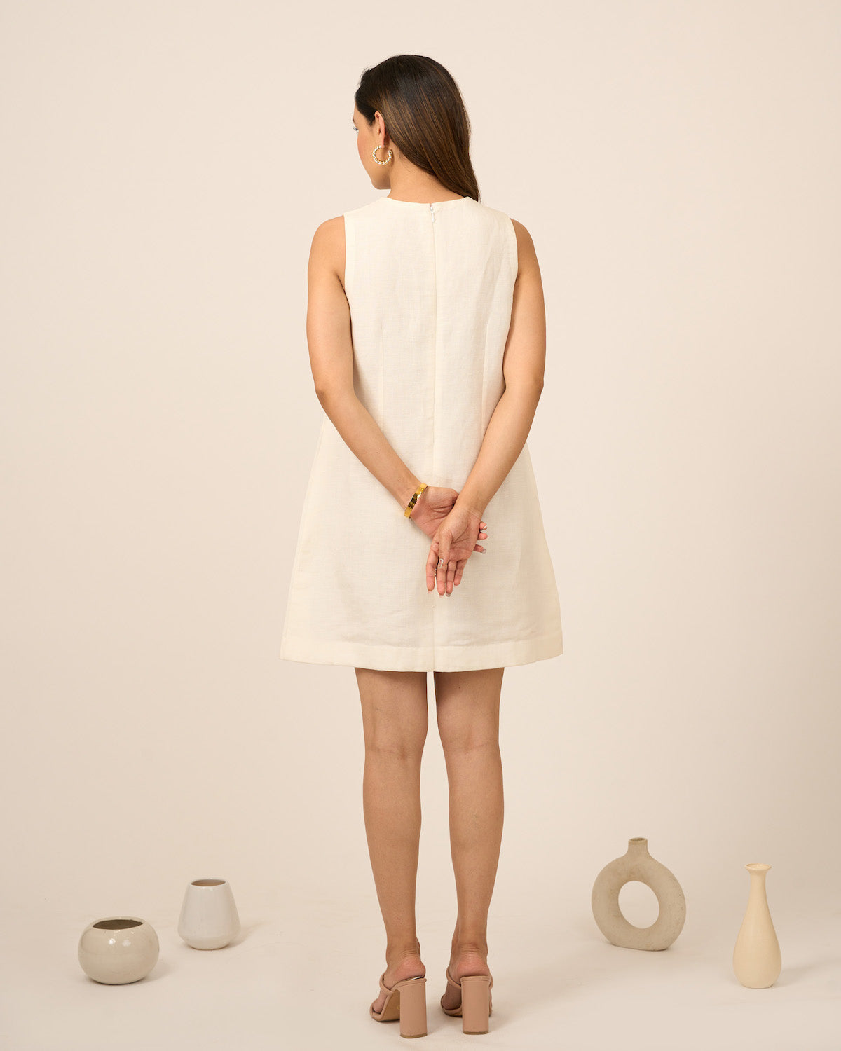 Ivory V Neck Linen Dress
