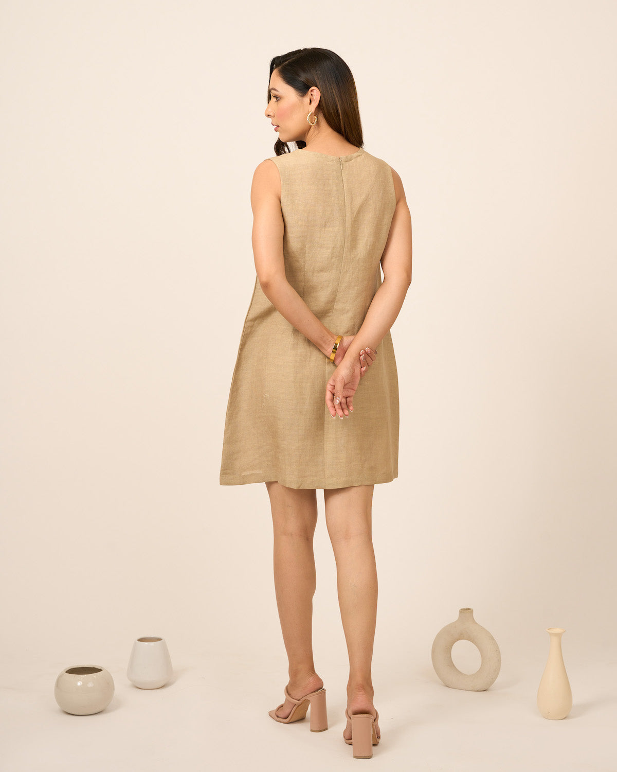 Sand V Neck Linen Dress