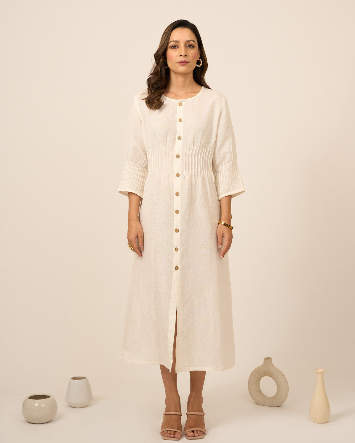 Ivory Linen Midi Dress with Pintucks
