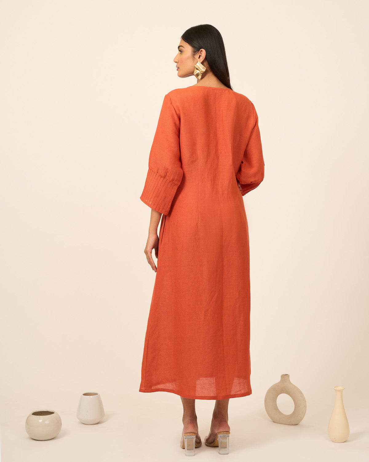 Rust Linen Midi Dress with Pintucks