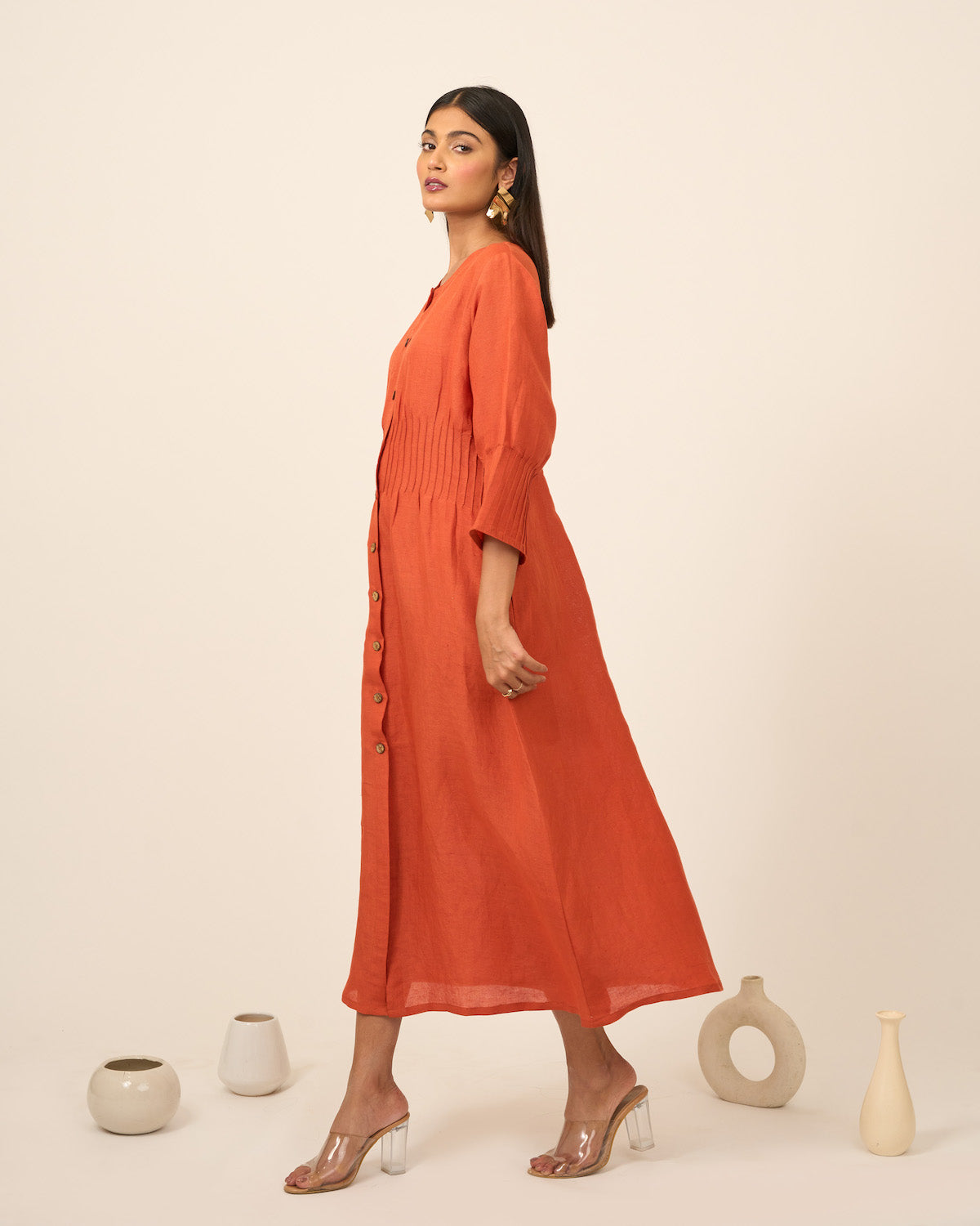 Rust Linen Midi Dress with Pintucks