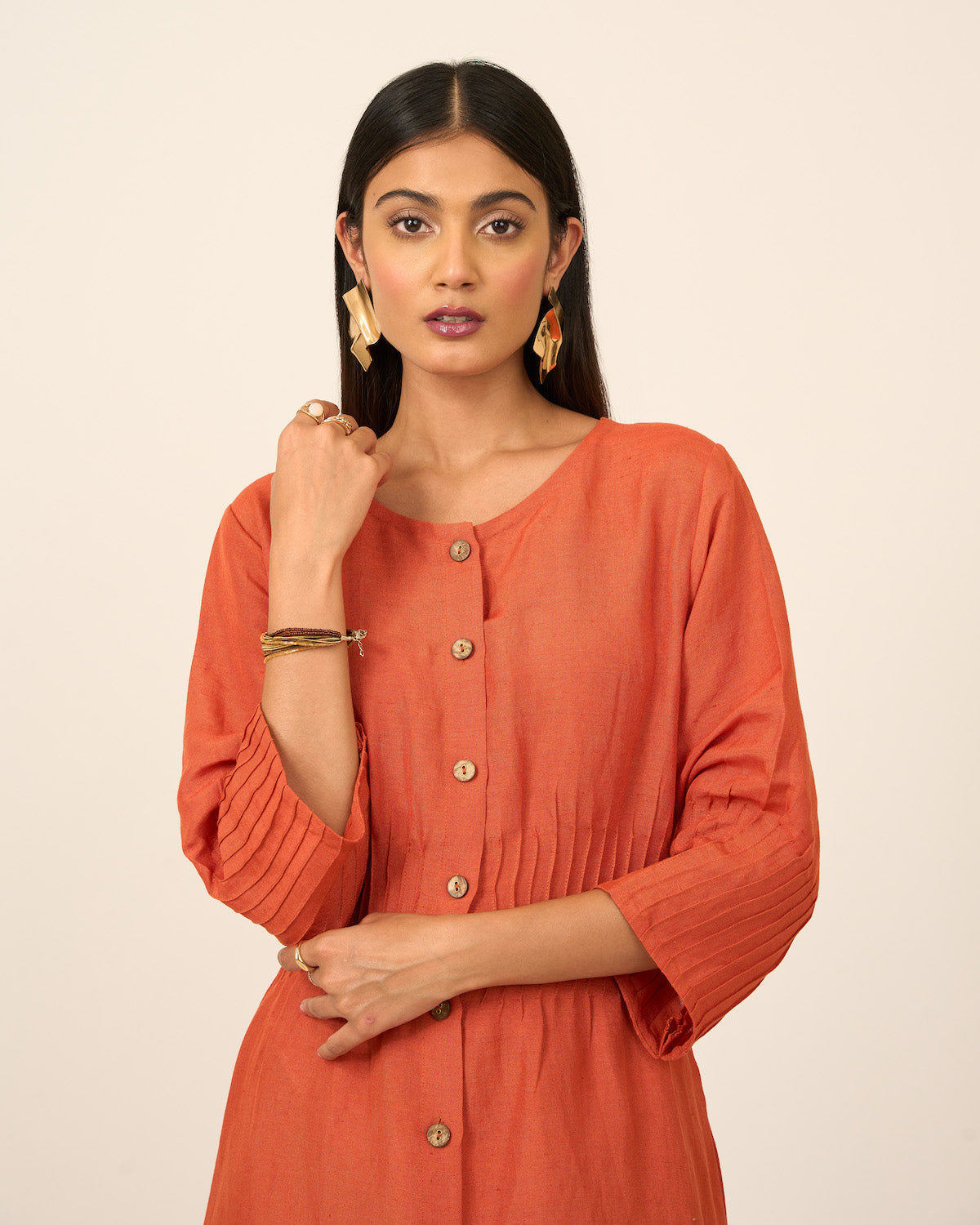 Rust Linen Midi Dress with Pintucks