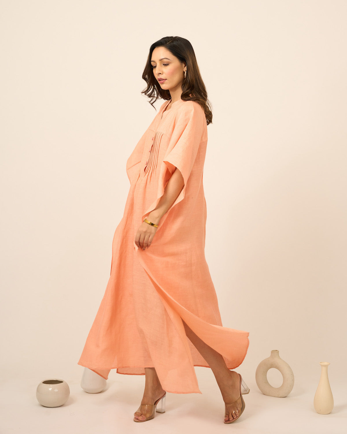 Salmon Pink Linen Kaftan with Pintucks