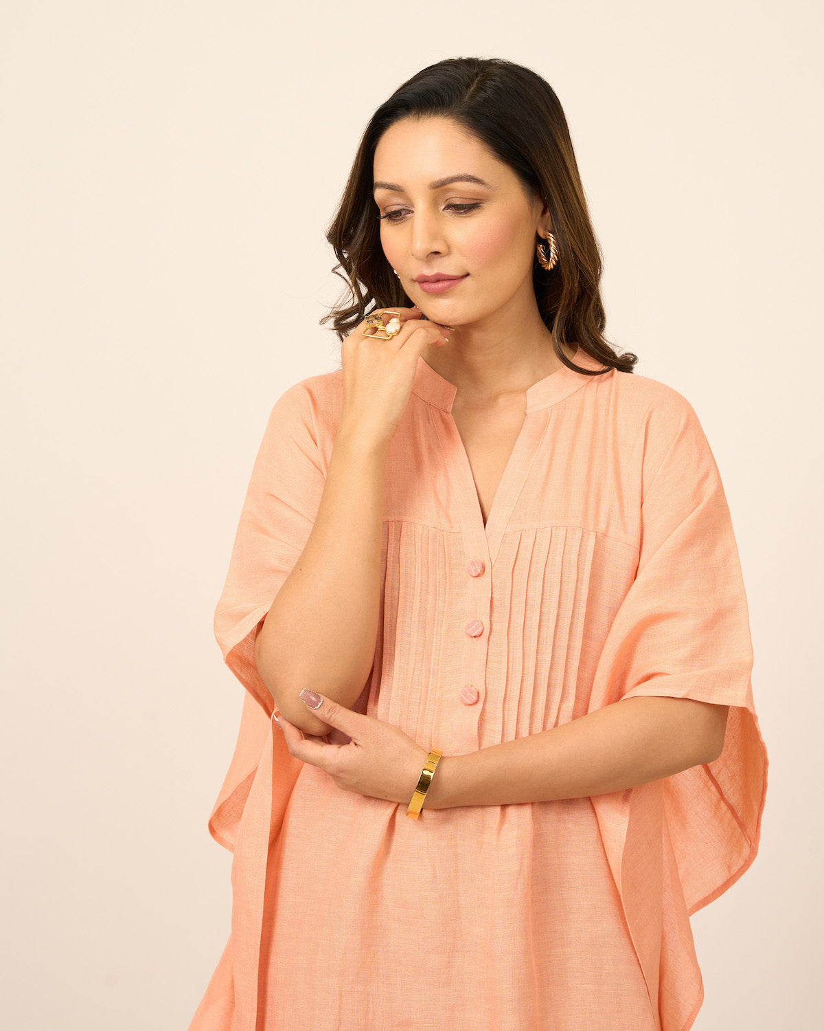 Salmon Pink Linen Kaftan with Pintucks