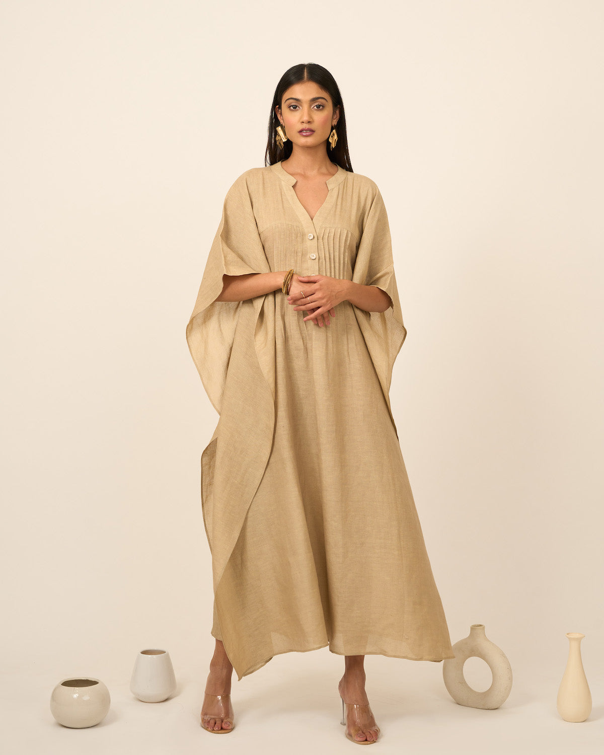 Sand Linen Kaftan with Pintucks