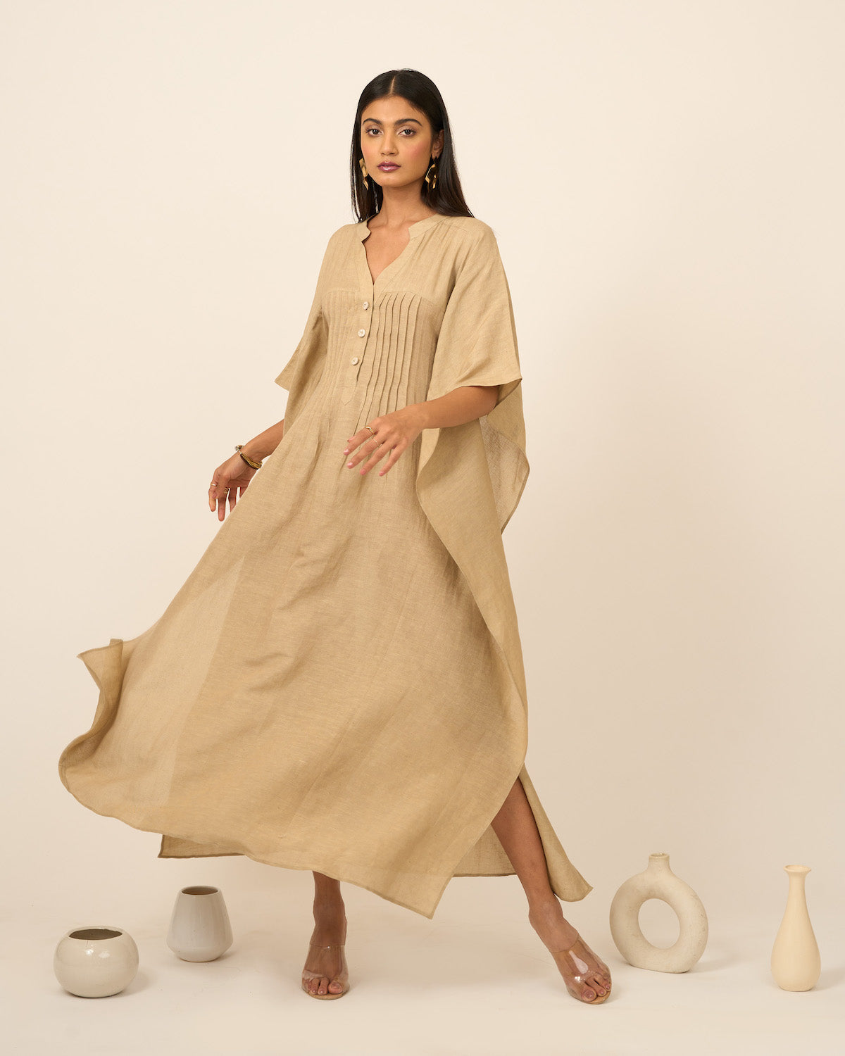 Sand Linen Kaftan with Pintucks