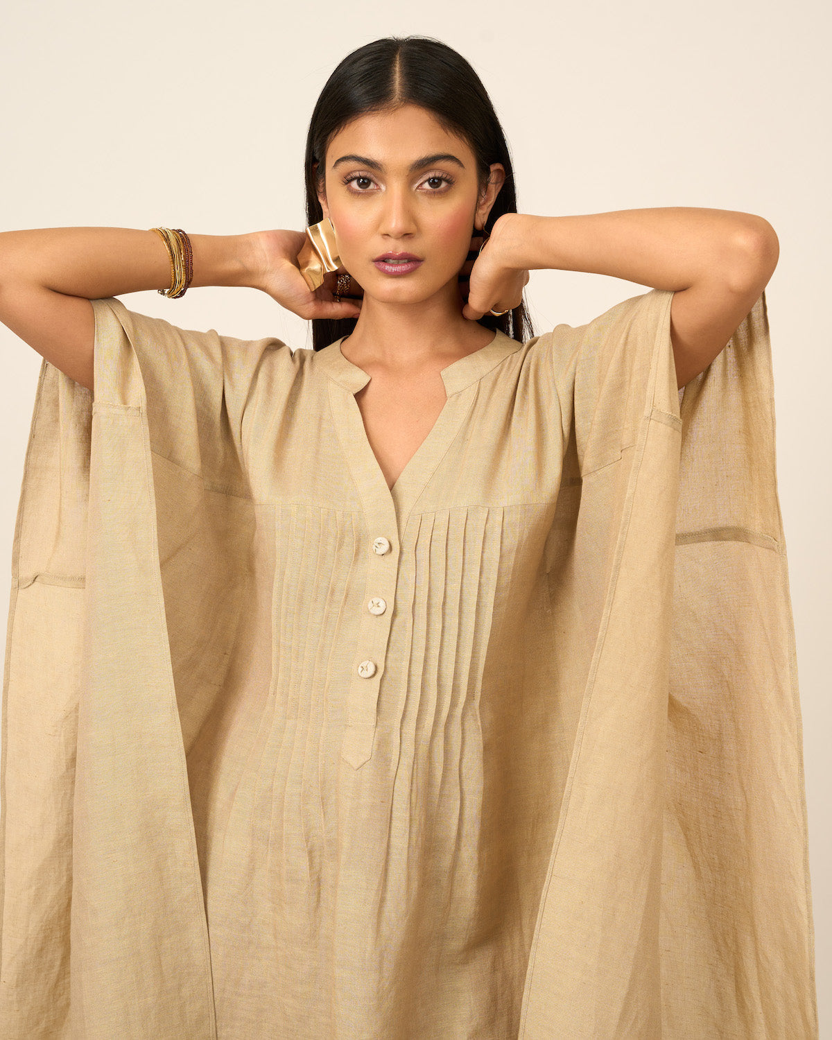 Sand Linen Kaftan with Pintucks