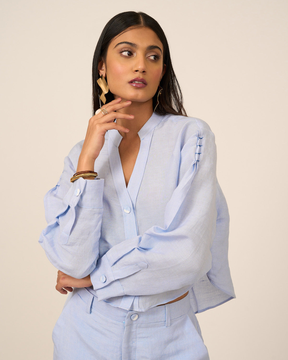 Sky Blue Linen Crop Top and Pants Set