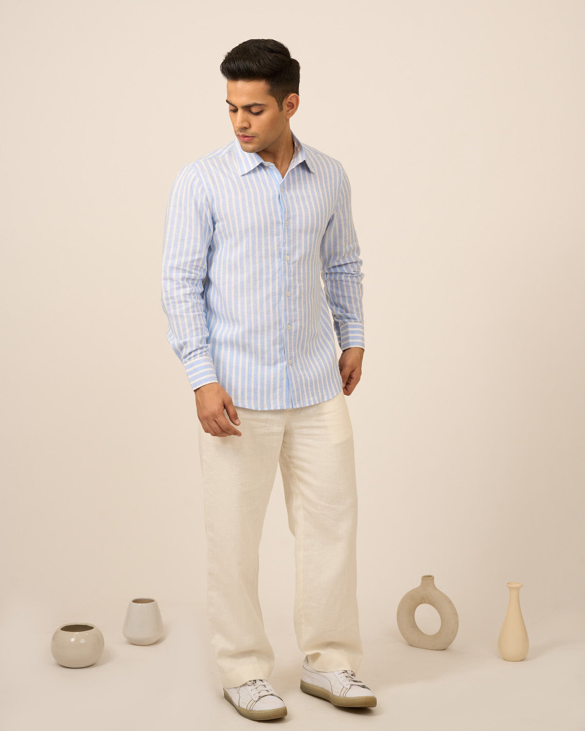 Blue White Striped Linen Men's Shirt