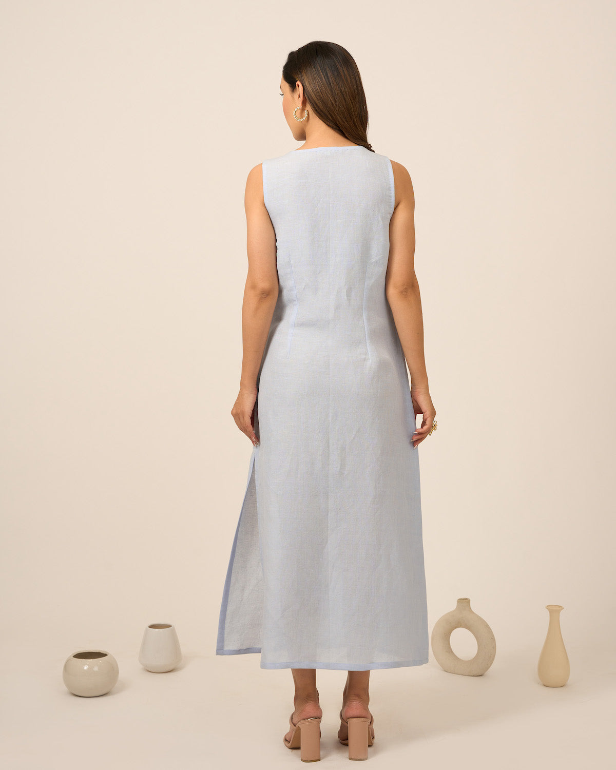 Sky Blue Linen Midi Dress with side slit