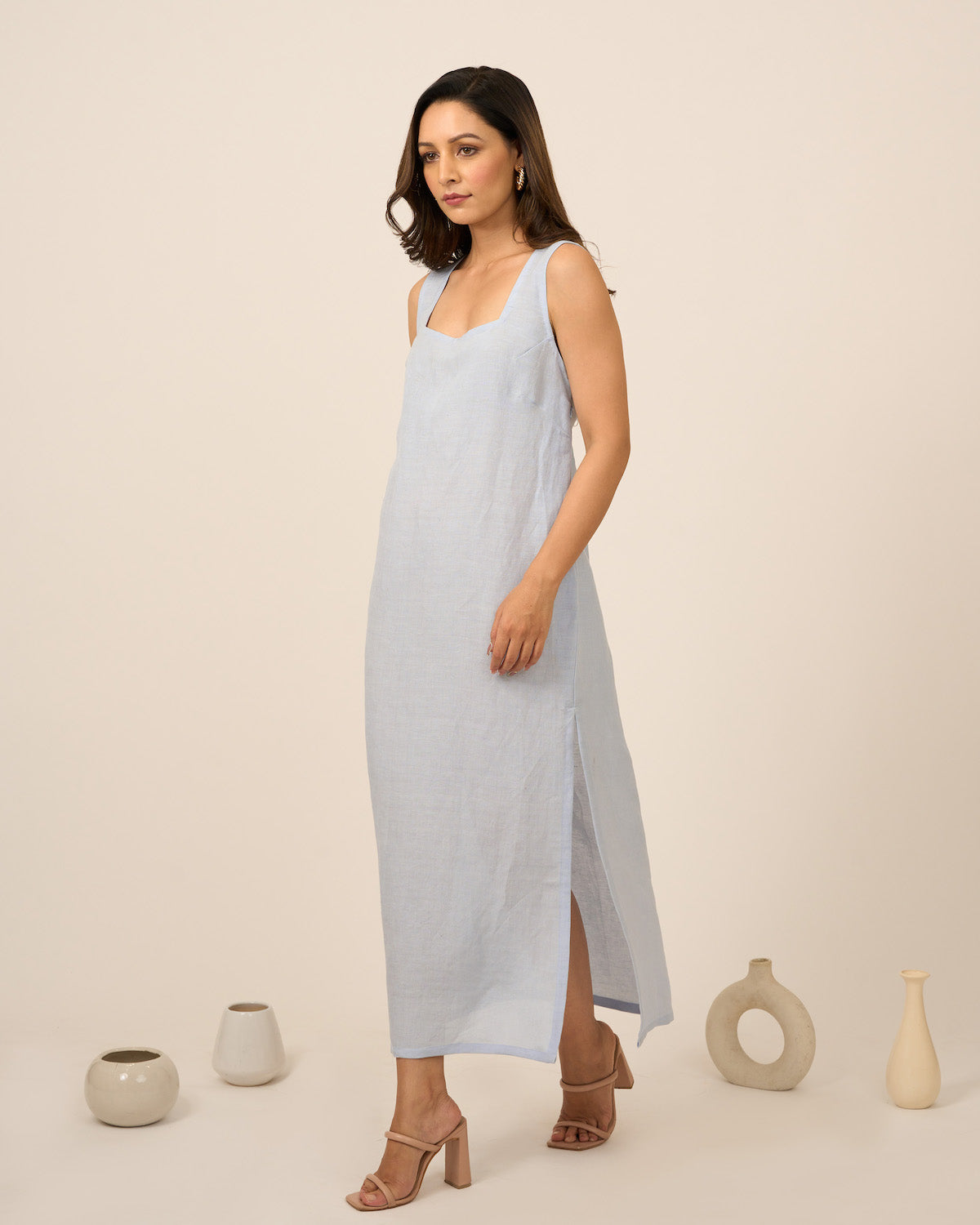 Sky Blue Linen Midi Dress with side slit