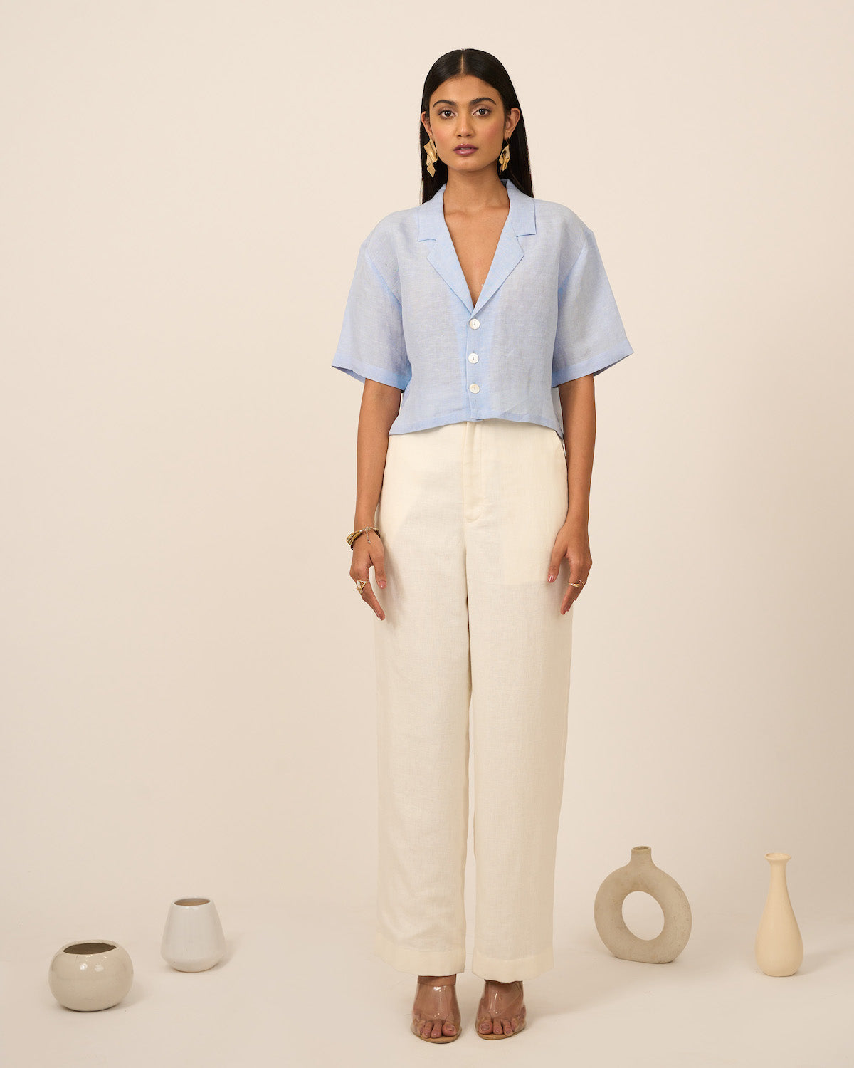 Powder Blue Coat Collar Linen Crop Top