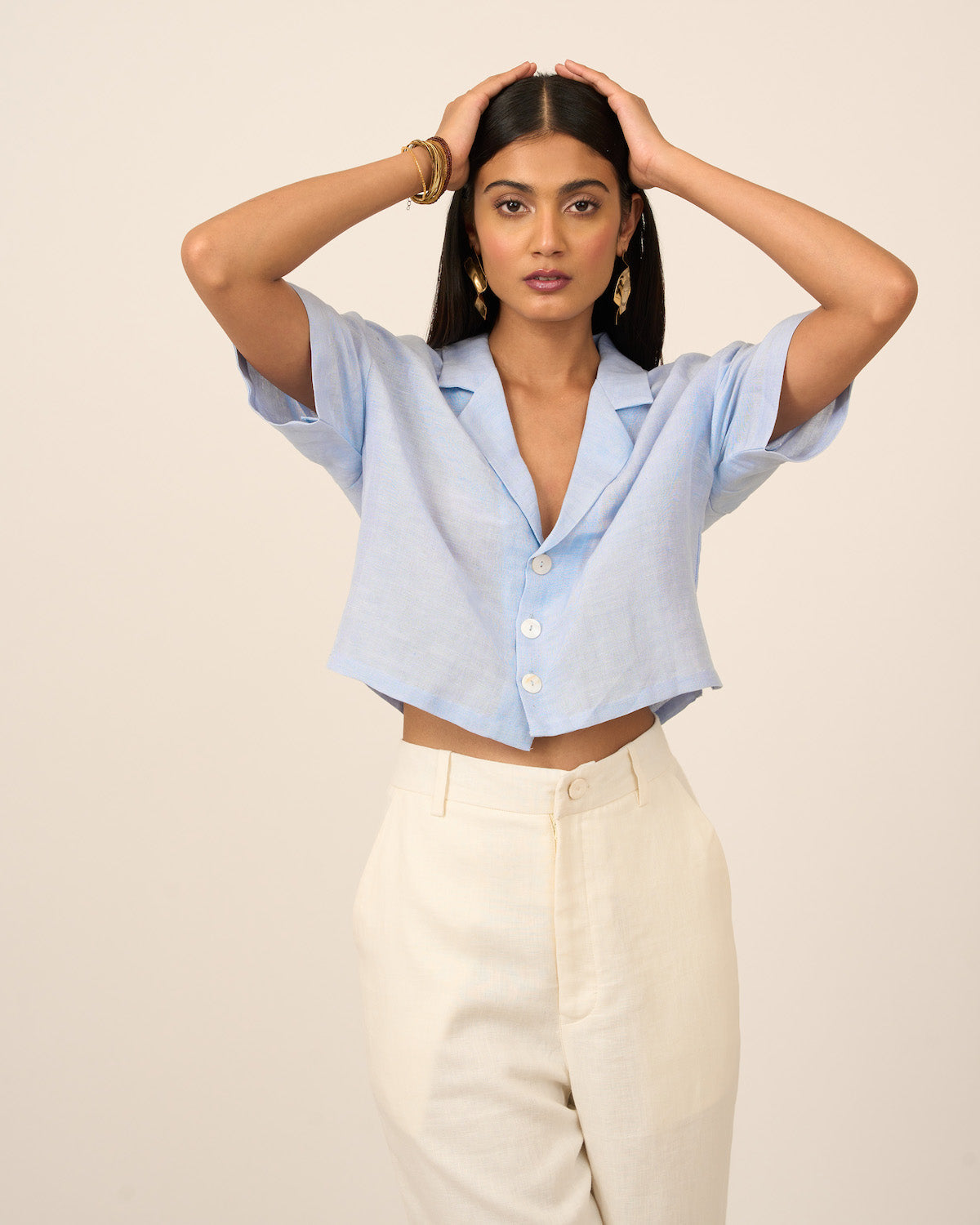 Powder Blue Coat Collar Linen Crop Top