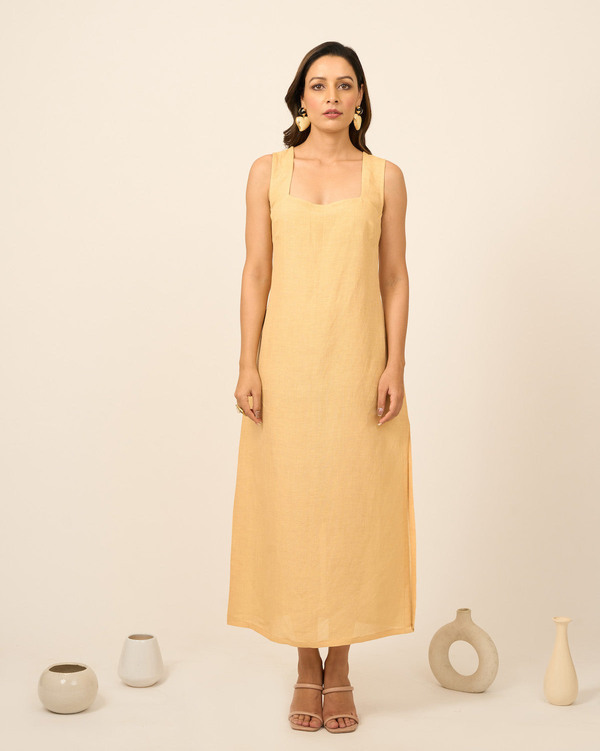 Yellow Linen Midi Dress with side slit